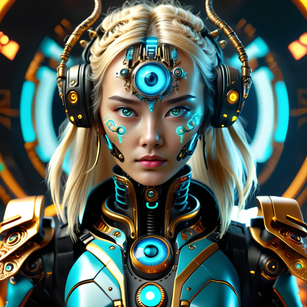 ((best quality)), ((masterpiece)), ((realistic,digital art)), (hyper detailed),DonMCyb3rN3cr0XL cyberoccultism Techno-witch, Glowing cybernetic eye implants, Intricate circuit tattoos, Neon-lit rune symbols, Holographic interface embedded in her palm, Metallic-fiber cloak, Electric-blue hair, Glimmering metallic talons, Pulse-modulating cyberstaff , Ageless, Wholesome, Southeast Asian, Turquoise eyes, Normal Ears, Receding Chin, Soft Jaw, Unusual Cheeks, Curvaceous Hips, , Honey Blonde Wispy bangs hair, Worry, octane rendering, raytracing, volumetric lighting, Backlit,Rim Lighting, 8K, HDR,