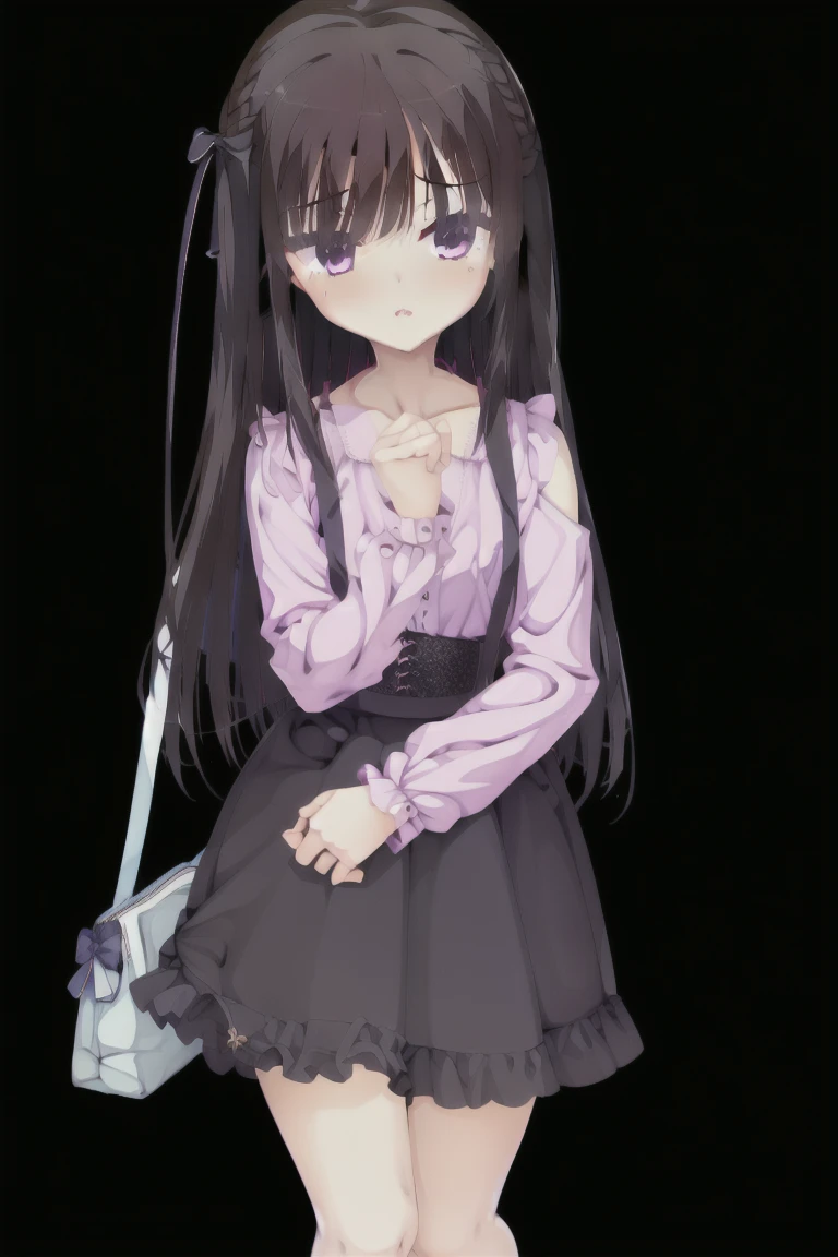 1girl,独奏,long_hair,blush,bangs,skirt,shirt,black_hair,long_sleeves,bow,very_long_hair,purple_eyes,hair_bow,frills,puffy_sleeves,collared_shirt,black_skirt,bag,two_side_up,v-shaped_eyebrows,dress_shirt,black_bow,depth_of_field,lace_trim,puffy_long_sleeves,pink_shirt,emphasis_lines,jiraikei_fashion,Character portrait, whole body, expensive_solve, clear_image, expensive_Contrast, 8k, Sparkling, beautiful_detailed_face_and_eye, (Brown Hair:1.25), 白 eye,Black background,full body, Character portrait, whole body, expensive_solve, clear_image, expensive_Contrast, 8k, Sparkling, beautiful_detailed_face_and_eye, (Black Hair:1.25), 白 eye,Black background