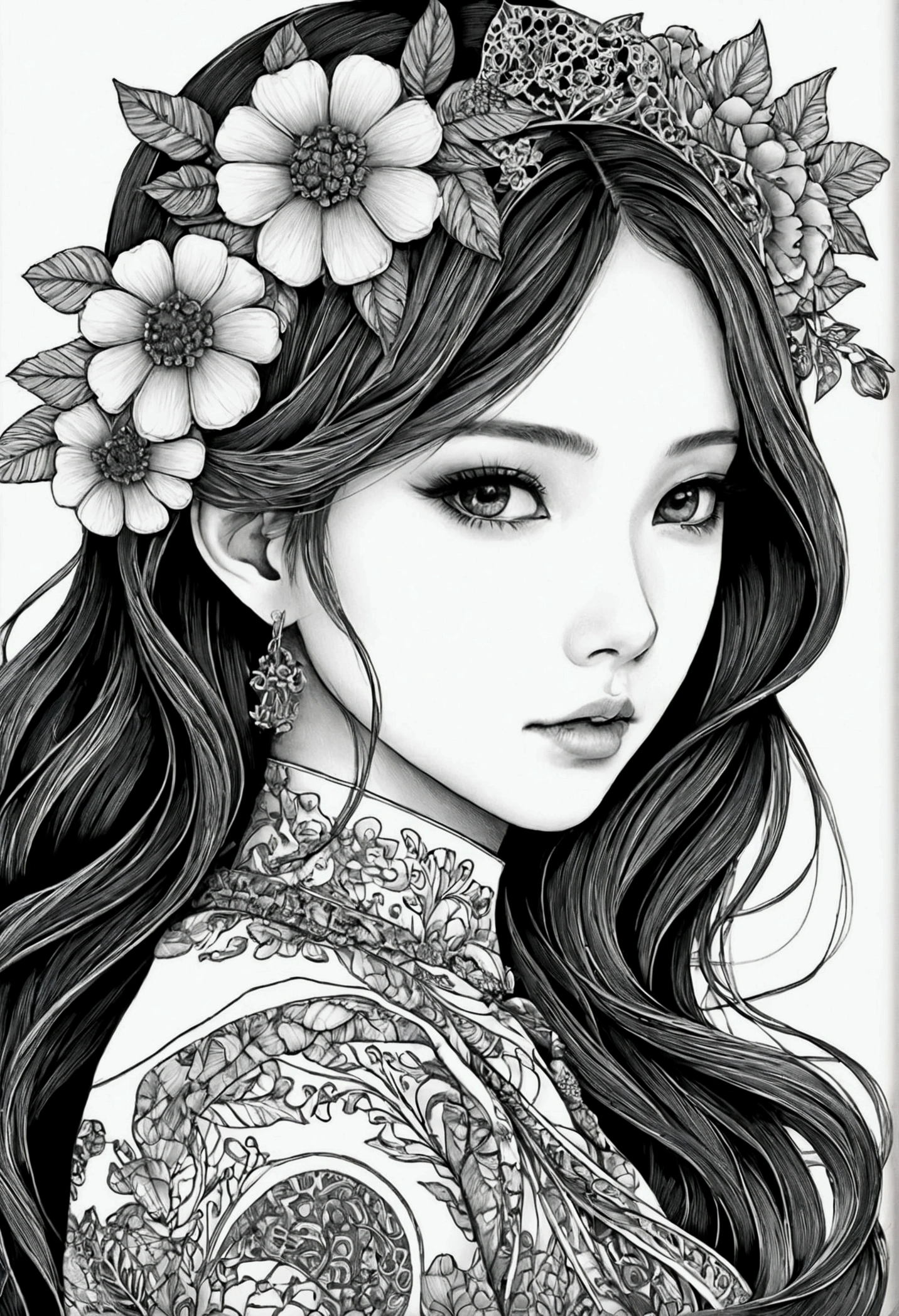 cute、Japanese anime、masterpiece、top-quality、top-quality、Official art、Beautifully Aesthetic:1.2)、(1girl in:1.3)、ighly detailed、(Fractal Art:1.1)、(Farbe:1.1) (florals:1.3)、(line-drawing)、line-drawing、Pen drawing、zentangle、(Tattoo patterns:1.2)、(complex lines)、(masterpiece)、(top-quality:1.1)、(Ultra-detail)、The best illustrations、finely detail、hand-drawn high quality、highly contrast、(Clean lines:1.3)、ligne claire、(portlate)、(very closeup:1.1)、girly fashion、antique、Red-black、1 girl in、catss、solo、A girl is surrounded by flowers、(intricate-detail:1.3)、(detailedbackground:1.2)、(coloured background:1.1)、Sketched、intricate-detail、hight resolution