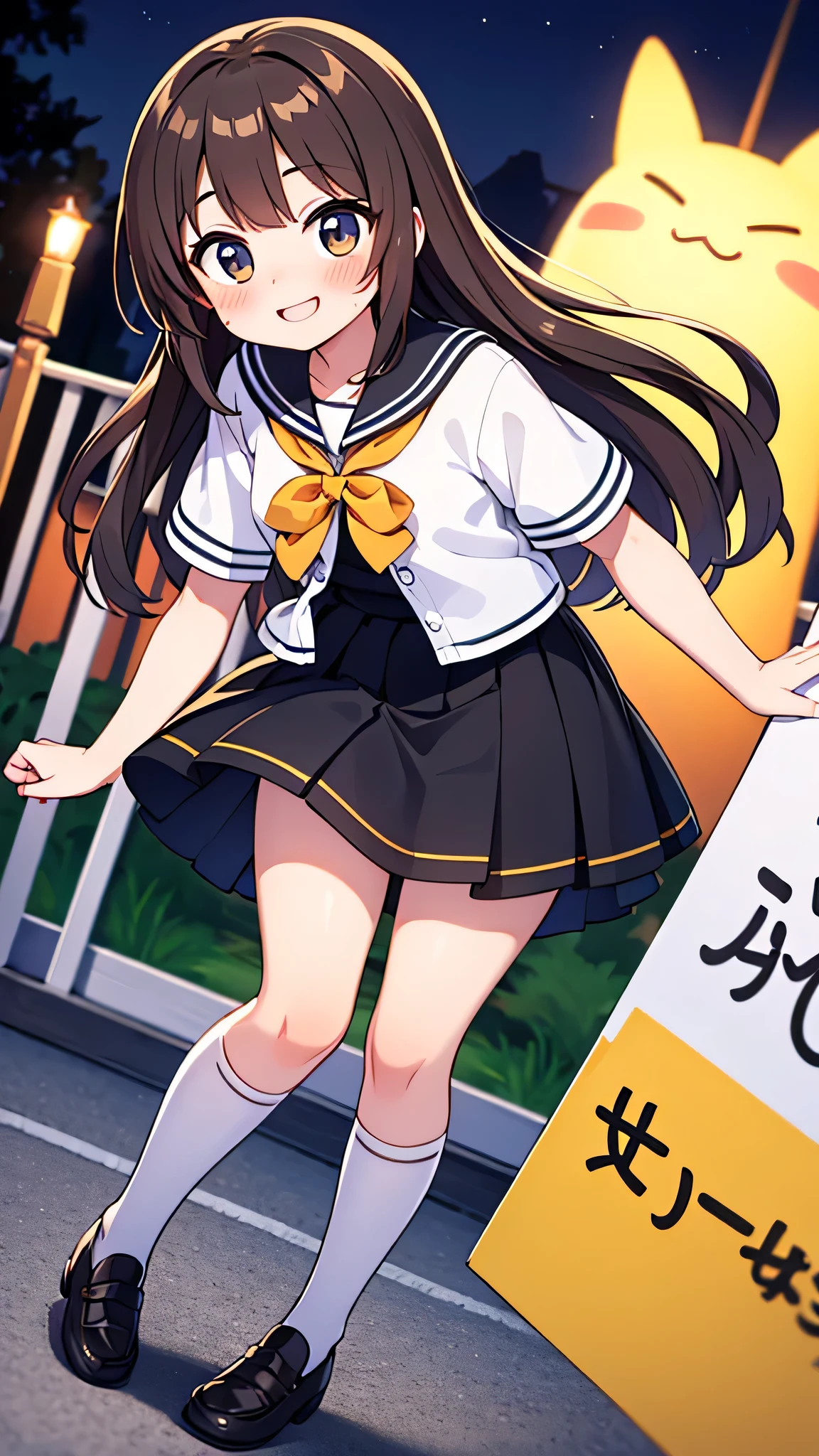 {Highest quality}, {Super beautiful},{Ultra fine},{Best illustration},Brown Hair,Hime cut,semi-long,Bangs,Standing Woman,Sailor suit,Short sleeve,knit cardigan,Long black skirt,Night Park,Embarrassed,smilingly,Blushing,Slender women,Black knee-high socks,Black Loafers,From an angle,From above
