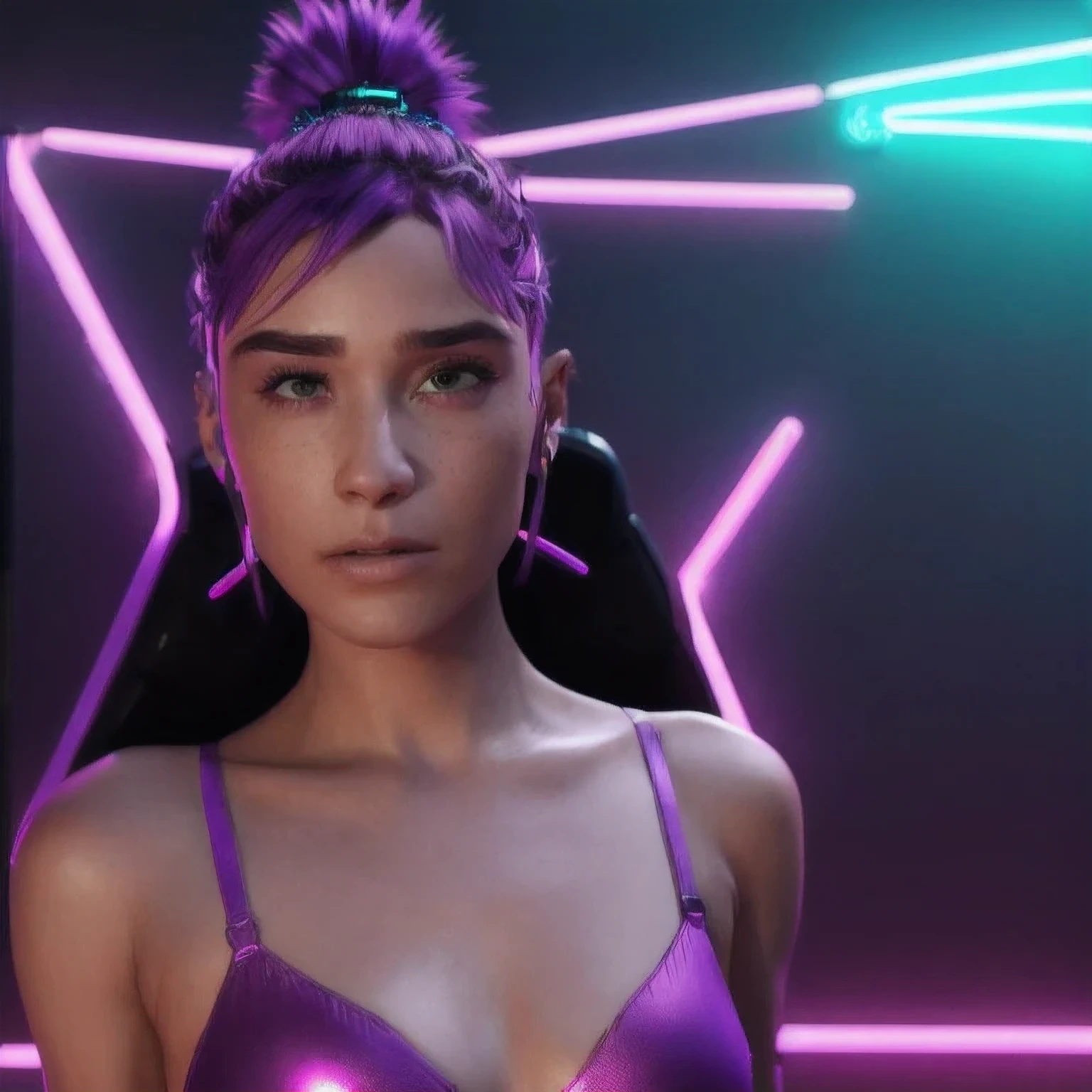 araffe with purple hair and a purple bra top posing for a picture, cyberpunk 2 0 y. o model girl, female cyberpunk anime girl, dreamy cyberpunk girl, cyberpunk anime girl, hyper-realistic cyberpunk style, cyberpunk beautiful girl, cyberpunk art ultrarealistic 8k, cyberpunk vibe, muted cyberpunk style, cyberpunk vibes, in cyberpunk style, cyberpunk style color