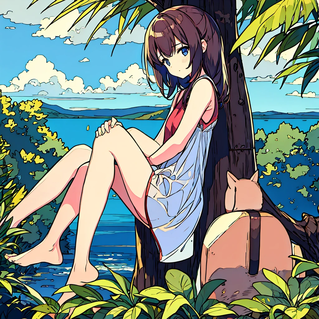 Plain background Girl sitting on a tree Summer Nostalgic