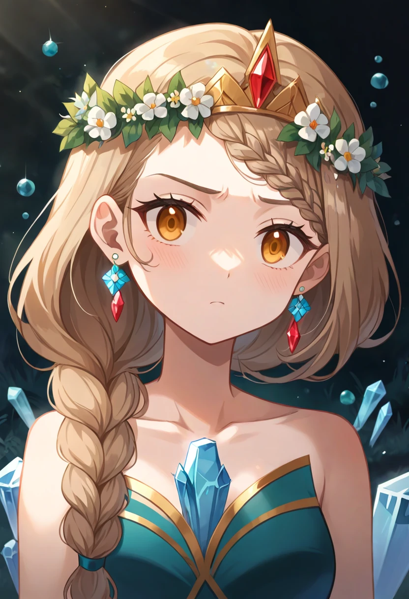 “A beautiful 20-year-old girl stands by a moonlit lake, her delicate and melancholic beauty illuminated by the soft, silvery light of the moon. She exudes a graceful yet fragile aura, her eyes filled with a sense of wistfulness as she gazes towards the viewer. The calm, reflective lake and the ethereal glow of the moon create a serene and enchanting atmosphere, perfectly complementing her elegant and melancholic presence.”light brown hair, braided ponytail, hair behind ear, hair over shoulder, crystal hair, diagonal bangs, head wreath, tiara, eyeball, empty eyes, amber eyes, crystal earrings, shy, determined, worried, pensive, Surrealism, conceptual art, アニメ, アニメ style, cowboy shot, 8k, super detail, uhd, masterpiece, accurate, accurate, textured skin, textured skin, high details, high quality, award winning, best quality, highres、princess、Eyes filled with determination