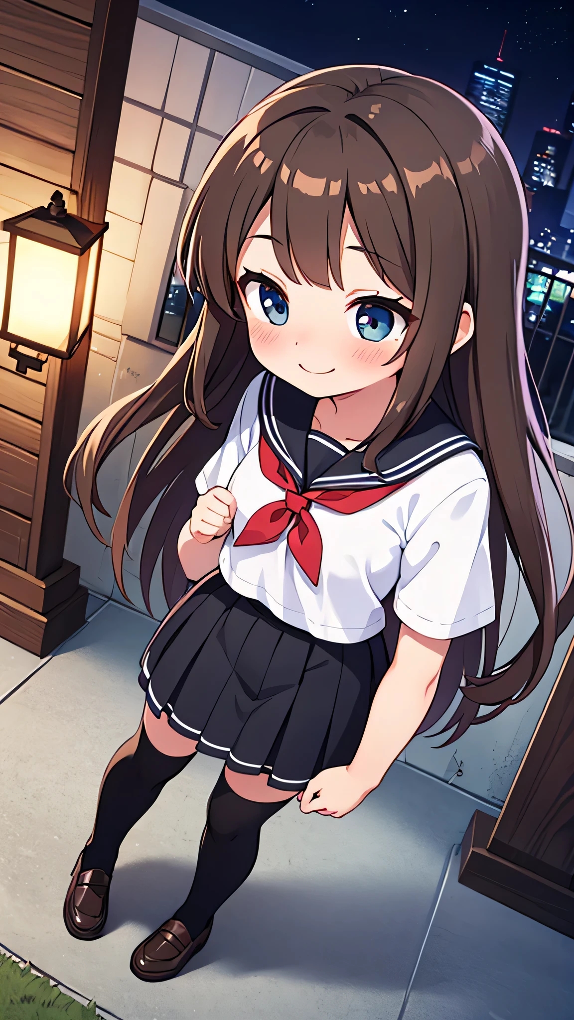 {Highest quality}, {Super beautiful},{Ultra fine},{Best illustration},Brown Hair,Hime cut,semi-long,Bangs,Standing Woman,Sailor suit,Short sleeve,knit cardigan,Long black skirt,Night Park,Embarrassed,smilingly,Blushing,Slender women,Black knee-high socks,Black Loafers,From an angle,From above
