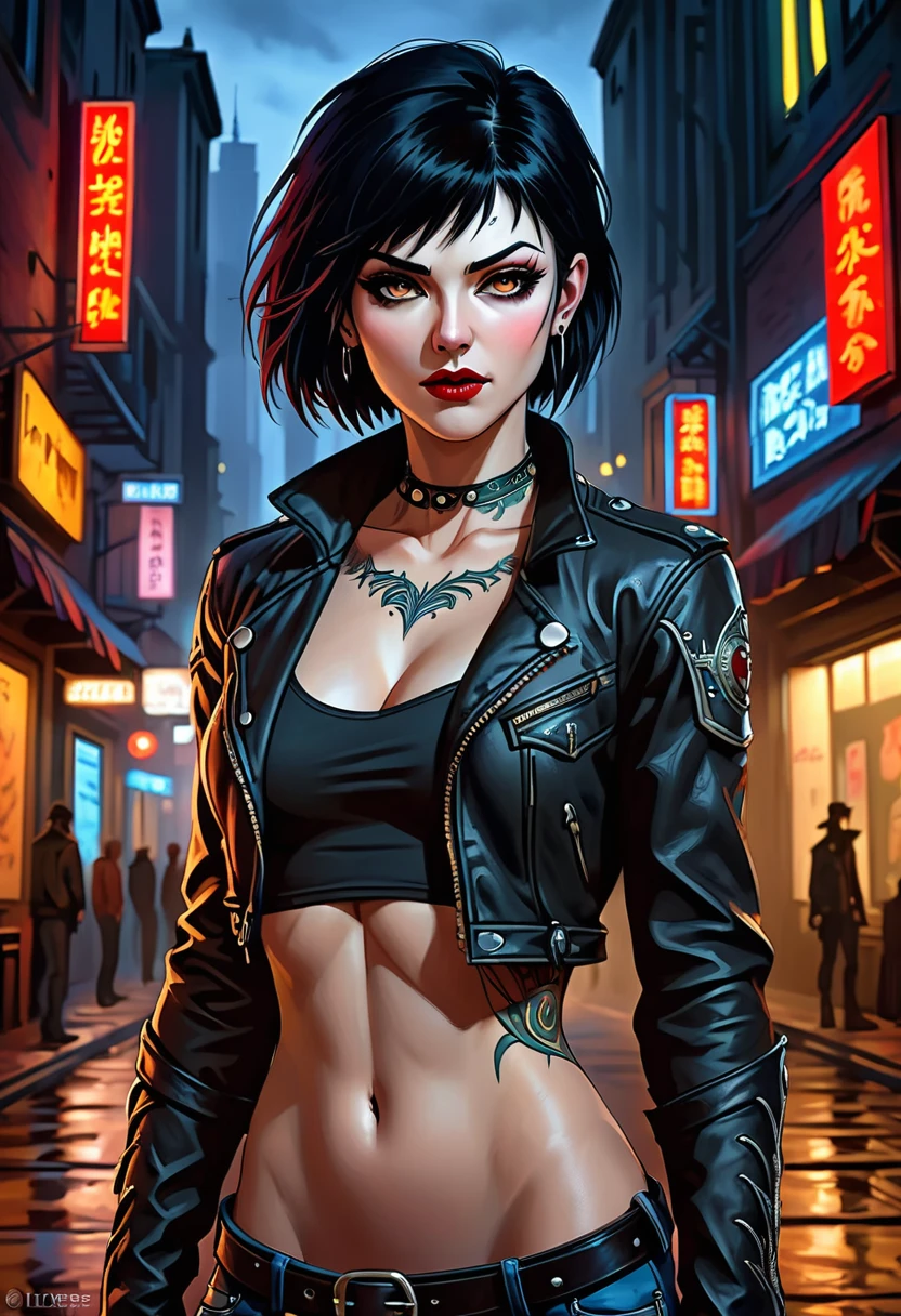 (An athletically built woman with defined muscles. Her skin is covered with artistic tattoos, that extend over her arms and neck. She has short, black hair, that appear wild and untamed. Several piercings adorn her ears, Nose and eyebrows. Her eyes are dark and intense. She wears dark, practical clothing such as leather jackets, Boots and ripped jeans. backdrop: World of Darkness, dark urban fantasy, natta, City, City, neon lights, nattaleben, Vampire. highest quality, muito detalhado), This character embodies a finely crafted western ranger in fantasy realism style in anime style, exquisite and mature manga art style, porcelain skin, perfect skin, perfect eyes, (Mary Elizabeth Winstead:1.2), High Resolution, best quality, highres, Ultra-detail, Finest painting, extremely sensitive, Specialist, anatomically correct, symmetrical face, extremely detailed eyes and face, High quality eyes, creativity, RAW-Foto, uhd, 32k, natural light, cinematic lighting, ​masterpiece-anatomy-perfect, ​masterpiece:1.5