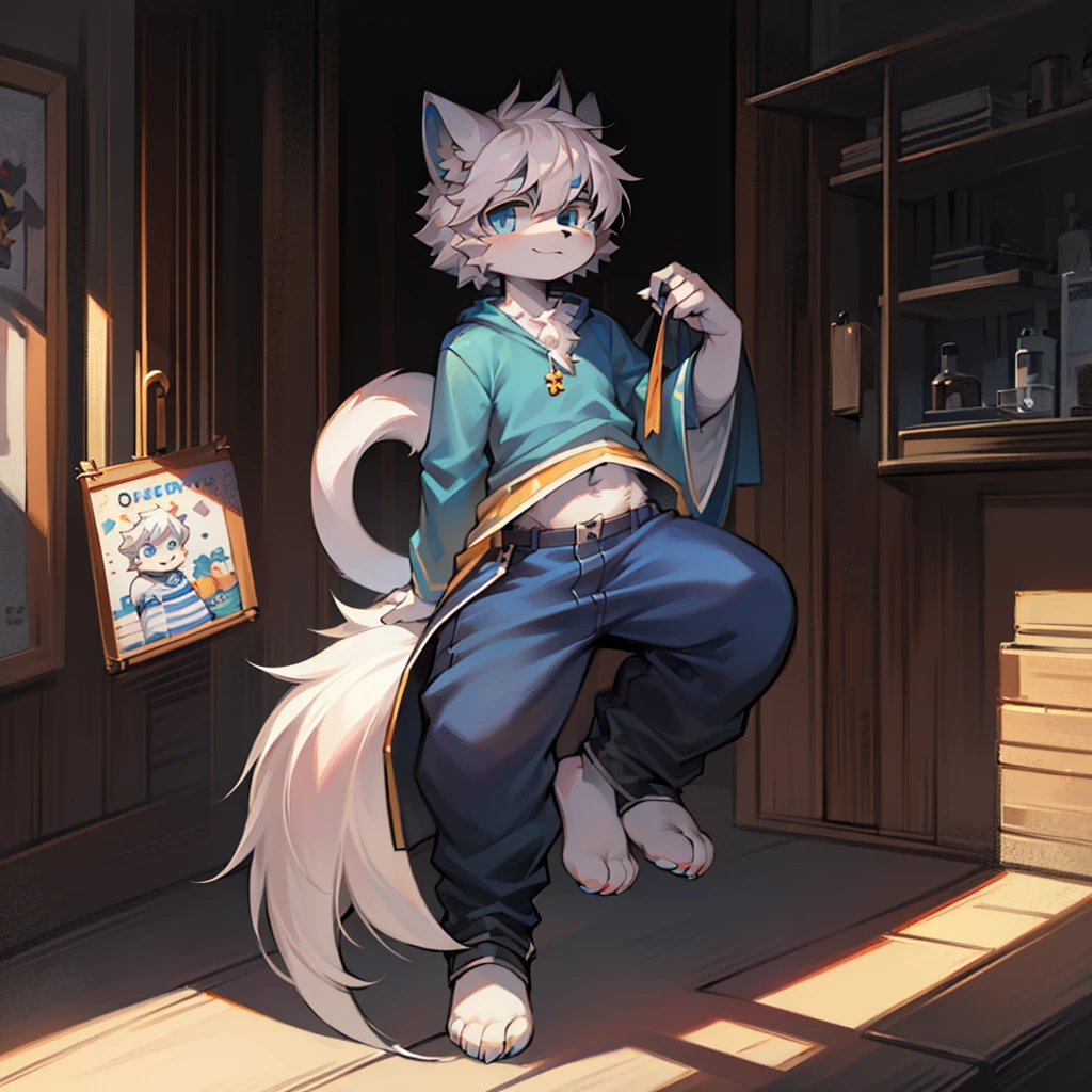 Bright Eyes, Full body photo of the character, Q version, Solitary, hairy, hairy白虎, Male white fur, blue eyes, White hair , Little cutie, Will sell cute, Wearing blue clothes and pants, Has a tail