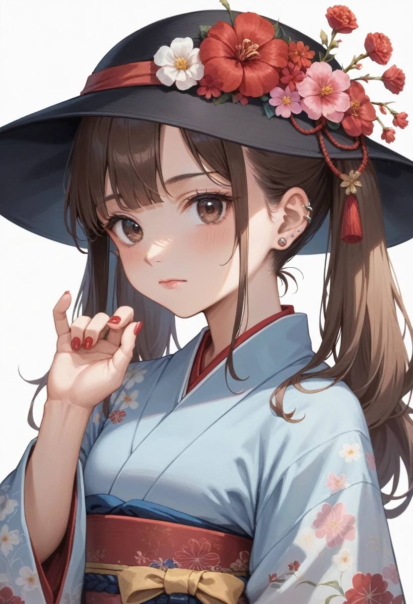 masterpiece, best quality, 1girl, solo, hat, flower, red nails, jewelry, earrings, looking at viewer, white background, brown hair, nail polish, ear piercing, red flower, brown eyes, piercing, hair flower, kimono, japanese clothes, closed mouth, long sleeves, black headwear, simple background, upper body, twintails, hair ornament, hand up