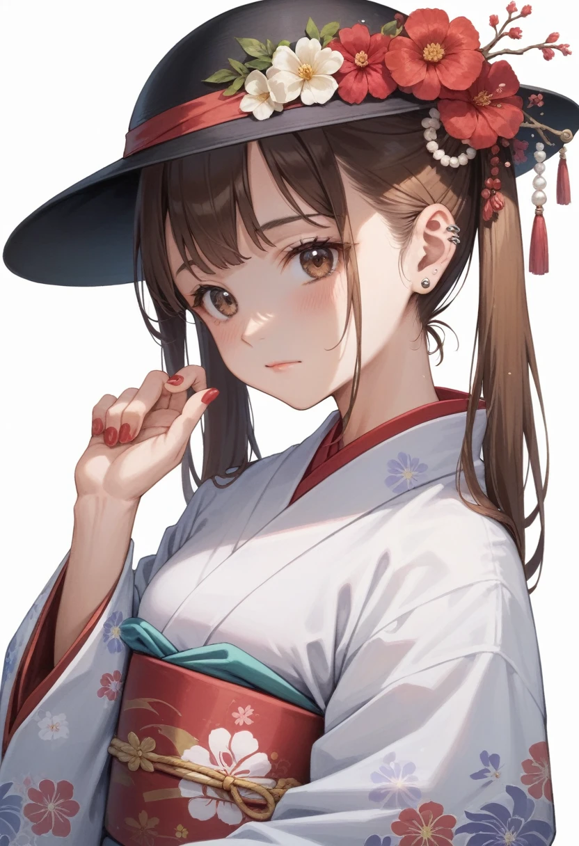 masterpiece, best quality, 1girl, solo, hat, flower, red nails, jewelry, earrings, looking at viewer, white background, brown hair, nail polish, ear piercing, red flower, brown eyes, piercing, hair flower, kimono, japanese clothes, closed mouth, long sleeves, black headwear, simple background, upper body, twintails, hair ornament, hand up