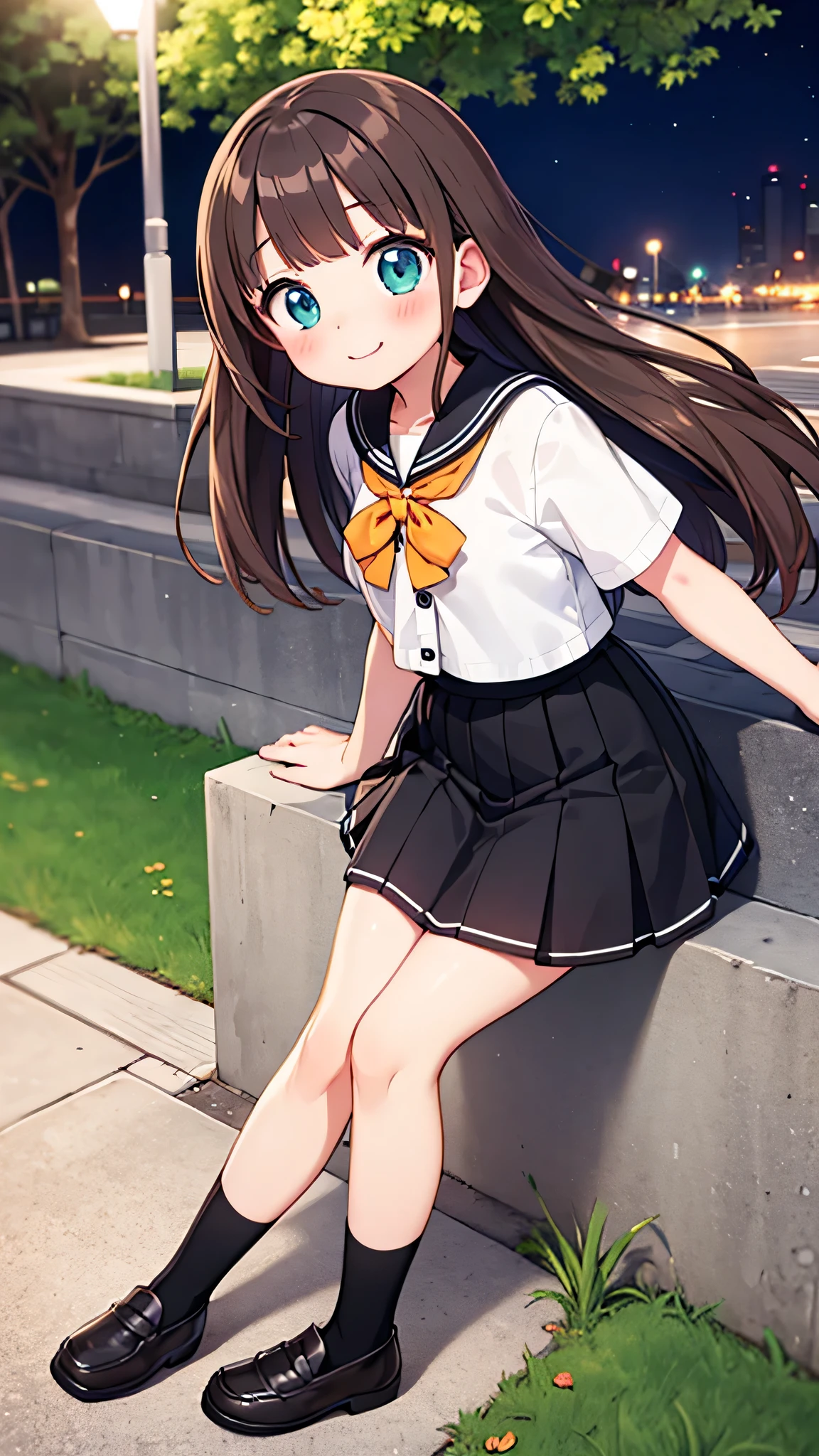 {Highest quality}, {Super beautiful},{Ultra fine},{Best illustration},Brown Hair,Hime cut,semi-long,Bangs,Standing Woman,Sailor suit,Short sleeve,knit cardigan,Long black skirt,Night Park,Embarrassed,smilingly,Blushing,Slender women,Black knee-high socks,Black Loafers,From an angle,From above