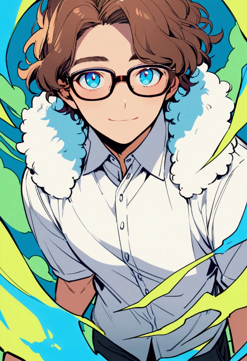 1man, short brown hair, blue eyes, fluffy hair, glasses, white shirt, kind face, , full stand