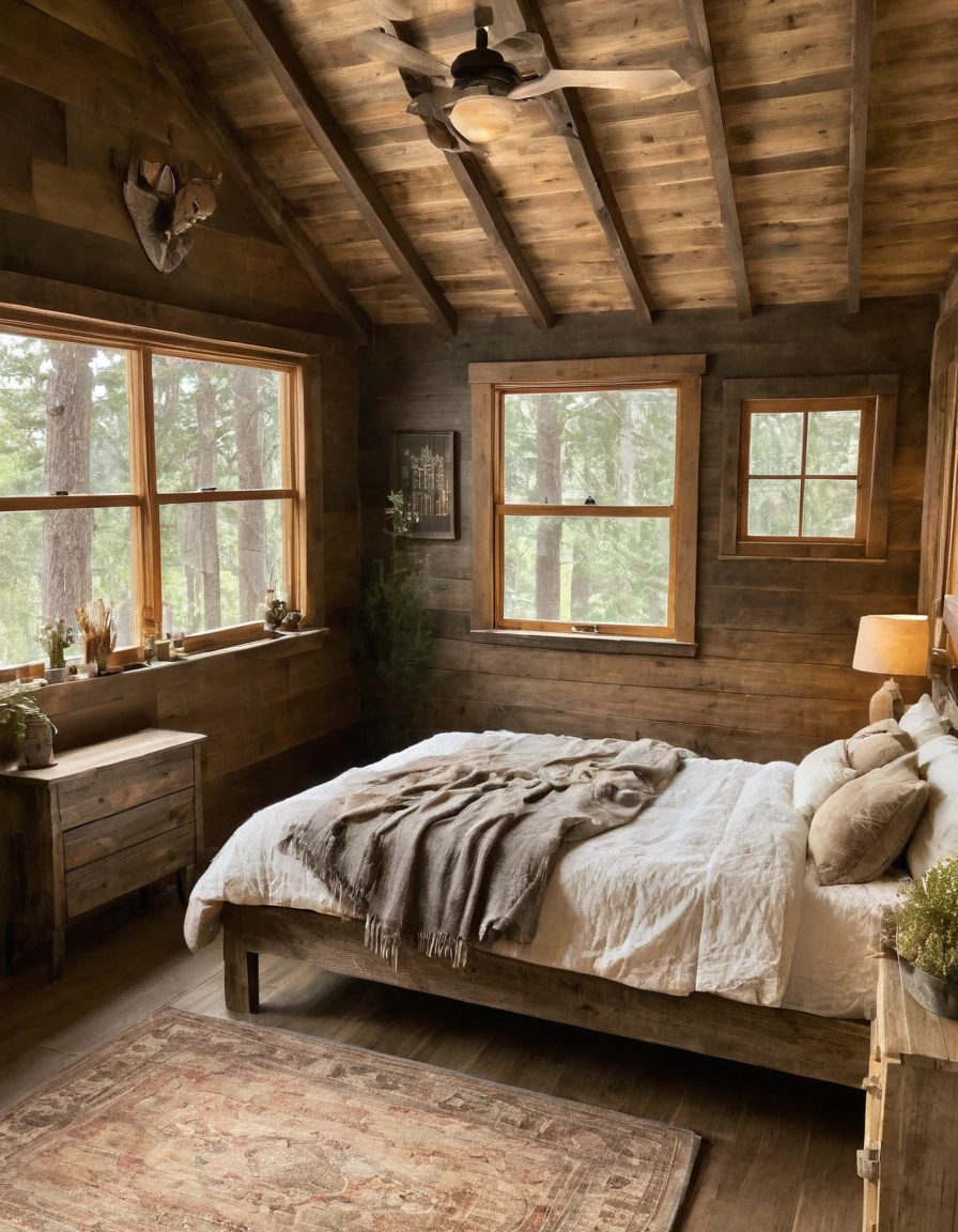 arafed bedroom with a bed, dresser, and a window, rustic setting, rustic and weathered, wood furnishings, cozy and calm, modern rustic, rustic, wooden furtniture, wood paneling, serene and peaceful style, warm natural lighting, cozy treehouse bedroom, soothing and cozy landscape, rustic wood, cozy room, wood accents, cozy setting
