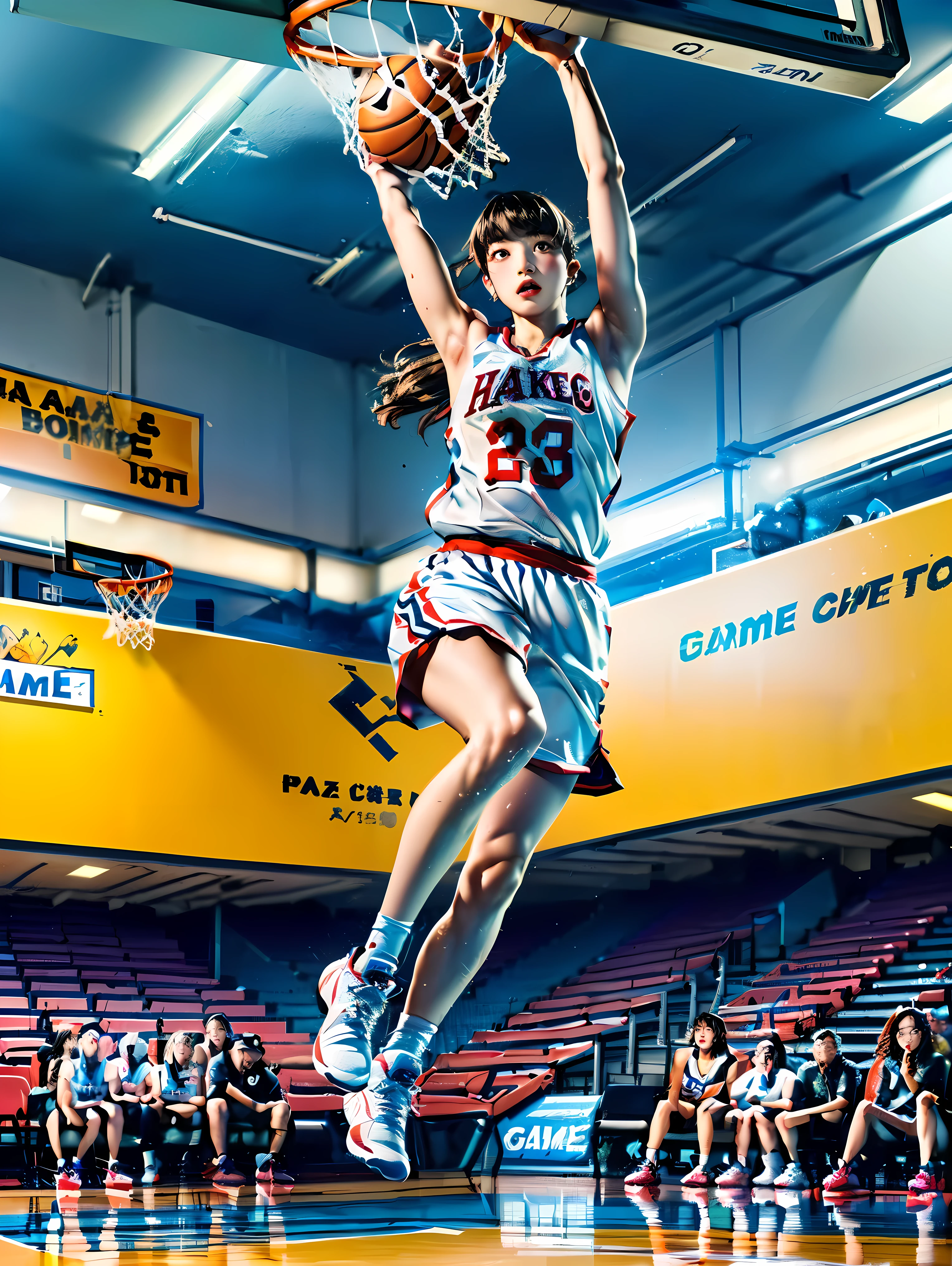 (Best quality, soft color photograph, colorful, sharp focus), (full body, wide angle shot), (1 cute Japanese girl), ((game winning dunk), ((slam dunk):1.2), ((basketball athlete):1.1), (Nana Komatsu), Jackson Pollock action photograph, kinetic expression, colorful hair, (Art Minimalism:1.1), basketball stadium background, style photograph magic
