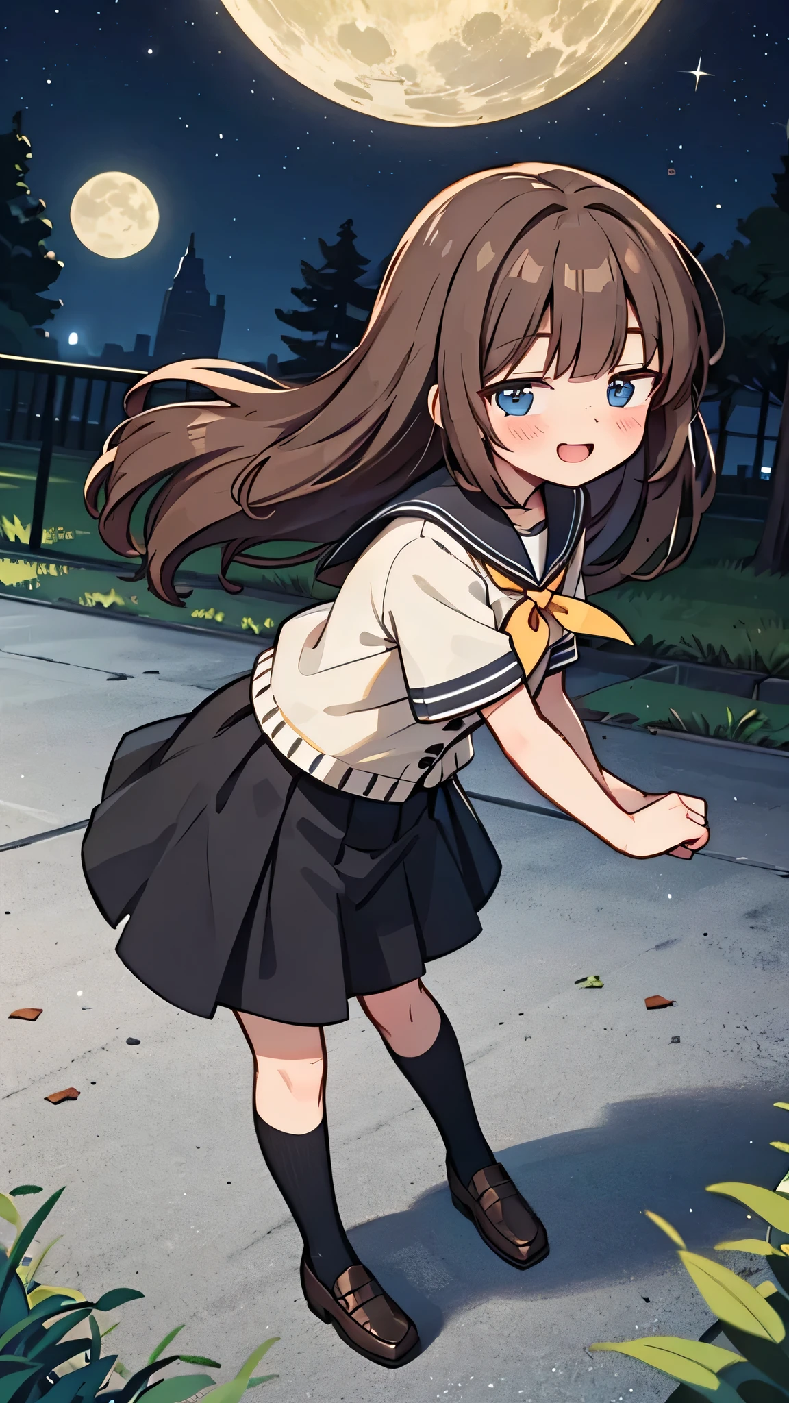 {Highest quality}, {Super beautiful},{Ultra fine},{Best illustration},Brown Hair,Hime cut,semi-long,Bangs,Standing Woman,Sailor suit,Short sleeve,knit cardigan,Long black skirt,Night Park,Embarrassed,smilingly,Blushing,Slender women,Black knee-high socks,Black Loafers,From an angle,From above