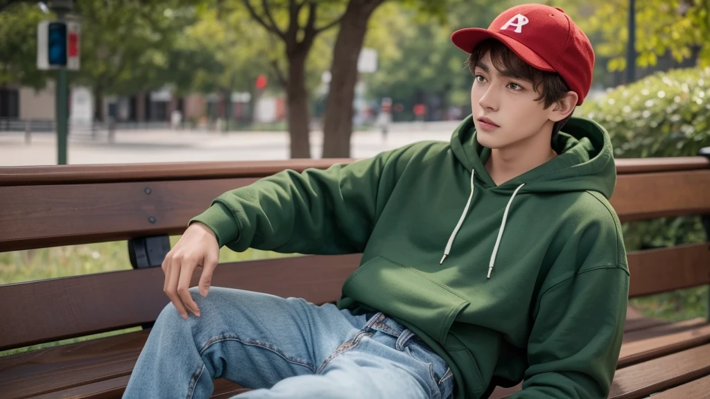 brown haired boy sitting on a bench, Has red eyes, jeans and green hoodie, He is wearing a green cap and has an animation style.