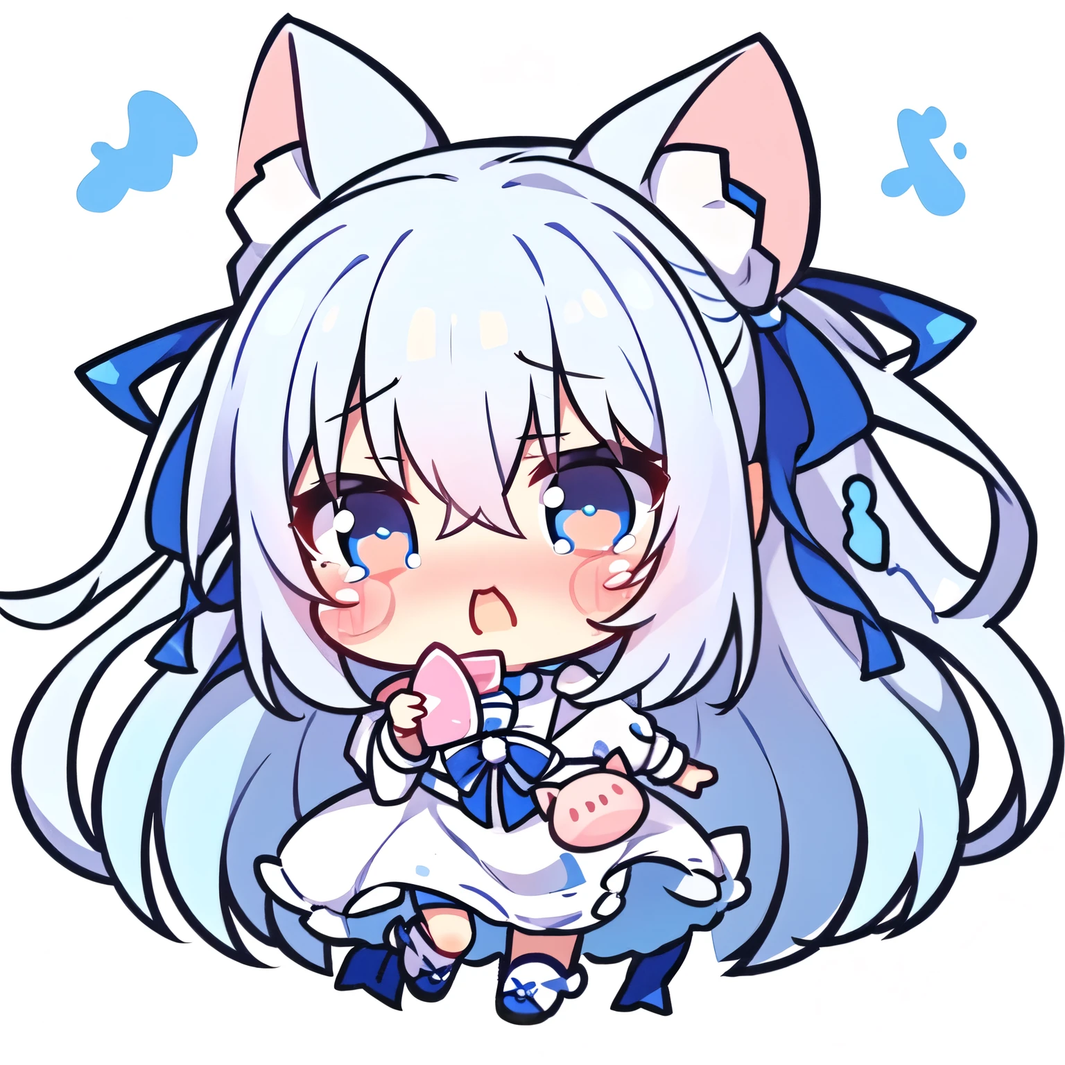 masterpiece,best quality,girl,Long hair,Pig head,Messy hair,Blue and White Ombre Hair,White background,Crying emoticon,tearing up,详细的girl头像,Third view,9 emoticons,Three quarter side,Pouting