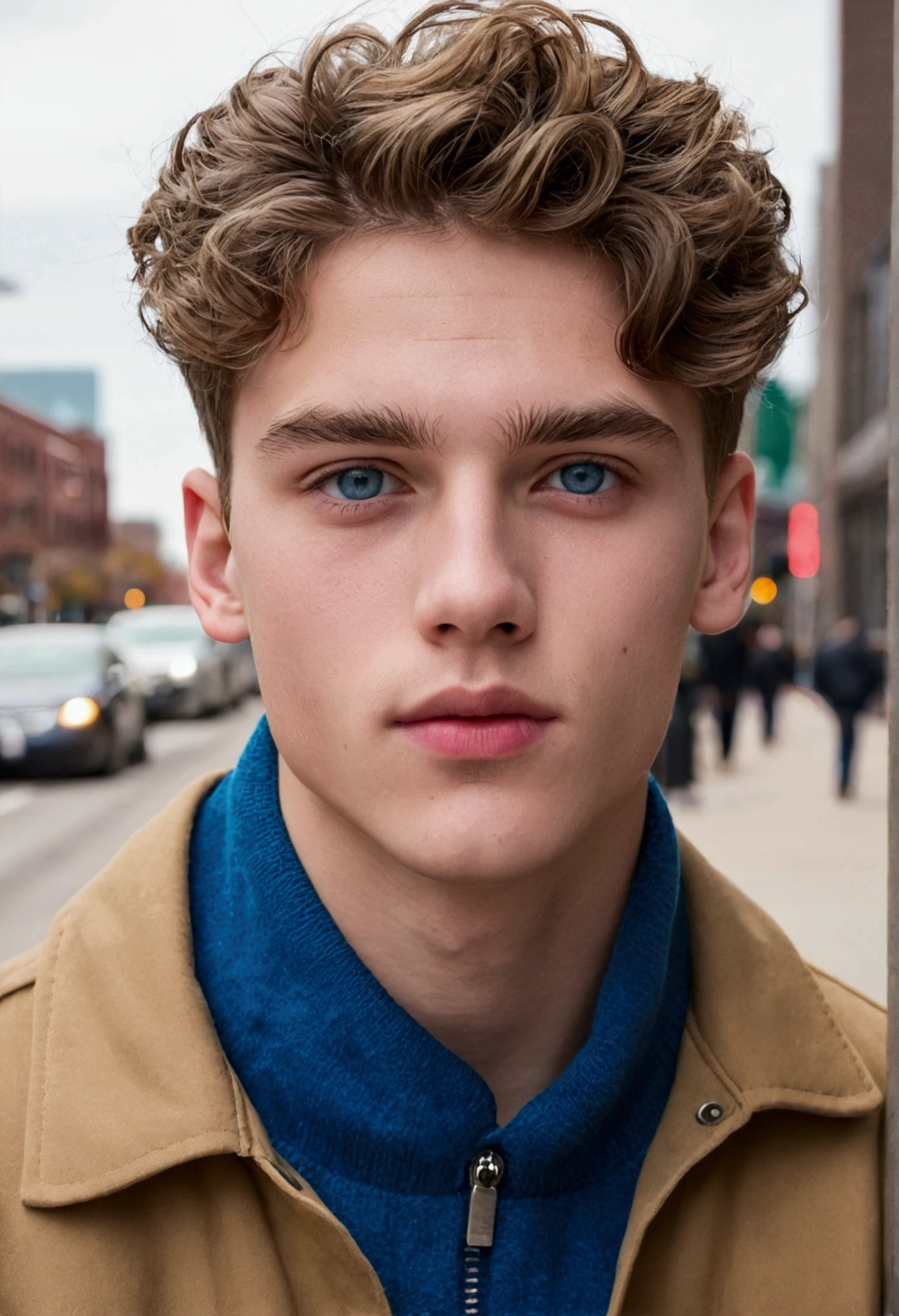Portrait of a handsome male model in downtown Toronto during the day, 18 years old, jaket, sem beard, with short, wavy hair, blue colored eyes, thick lips
