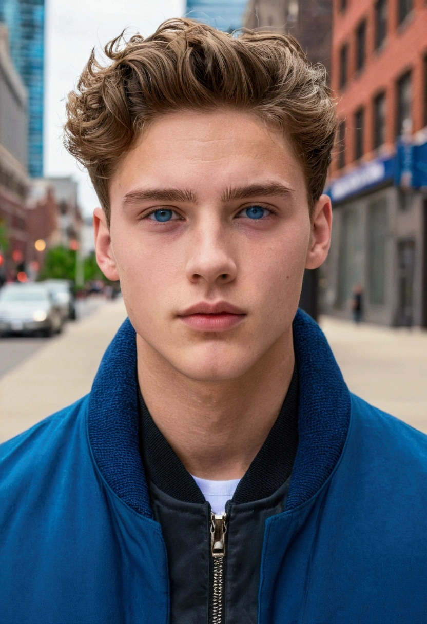 Portrait of a handsome male model in downtown Toronto during the day, 18 years old, jaket, sem beard, with short, wavy hair, blue colored eyes, thick lips