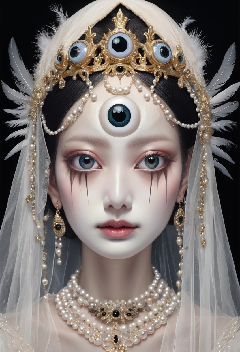 (masterpiece, best quality:1.2),Grotesque Aesthetics:1.56， Ugly faceless person，There are many eyeballs growing on the skin of the face，teeth， Solitary，black background，crown，veil，hand，Pearl Necklace，Feather wings