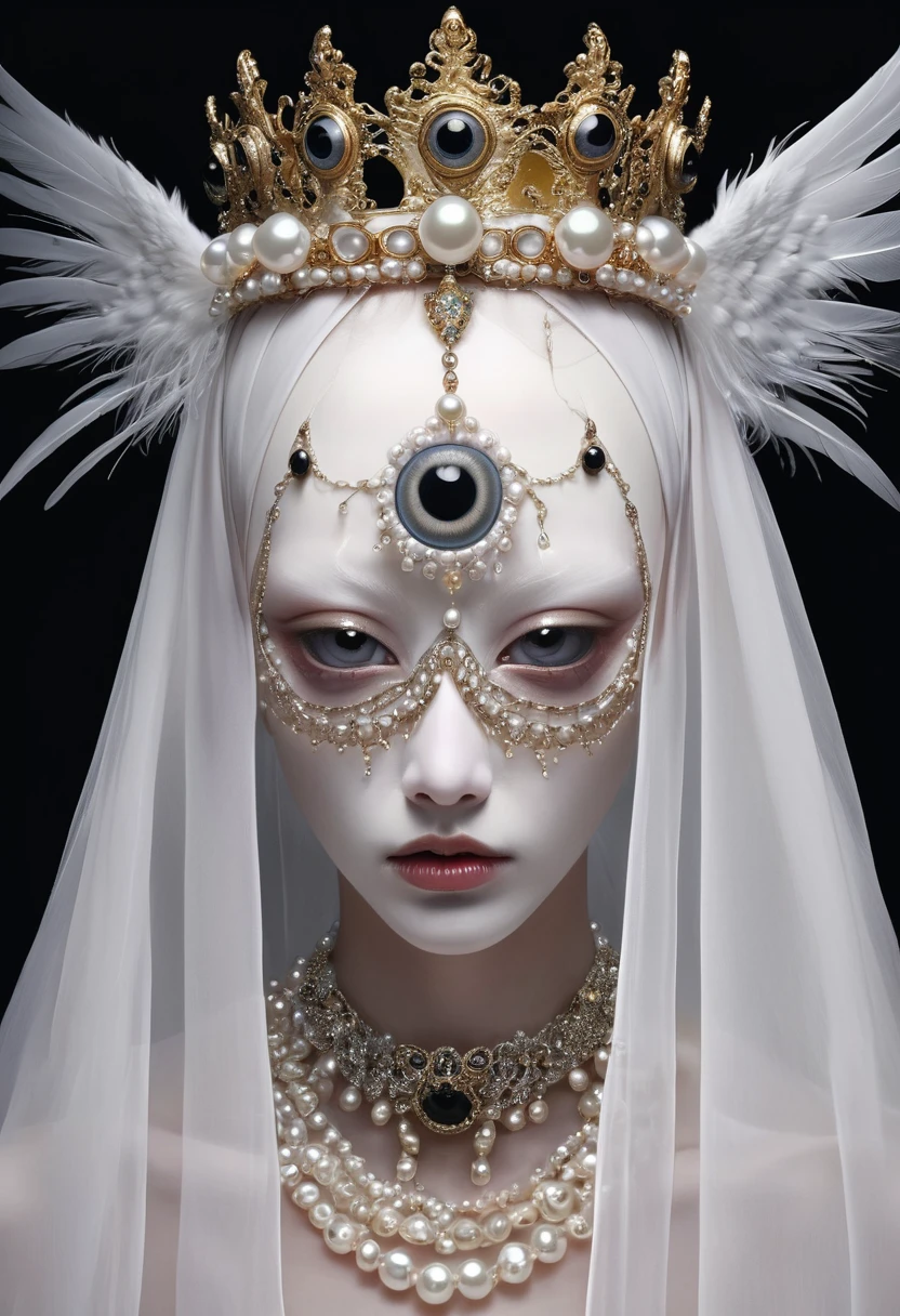 (masterpiece, best quality:1.2),Grotesque Aesthetics:1.56， Ugly faceless person，There are many eyeballs growing on the skin of the face，teeth， Solitary，black background，crown，veil，hand，Pearl Necklace，Feather wings