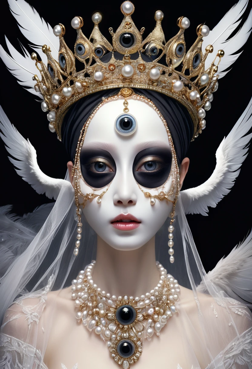 (masterpiece, best quality:1.2),Grotesque Aesthetics:1.56， Ugly faceless person，There are many eyeballs growing on the skin of the face，teeth， Solitary，black background，crown，veil，hand，Pearl Necklace，Feather wings