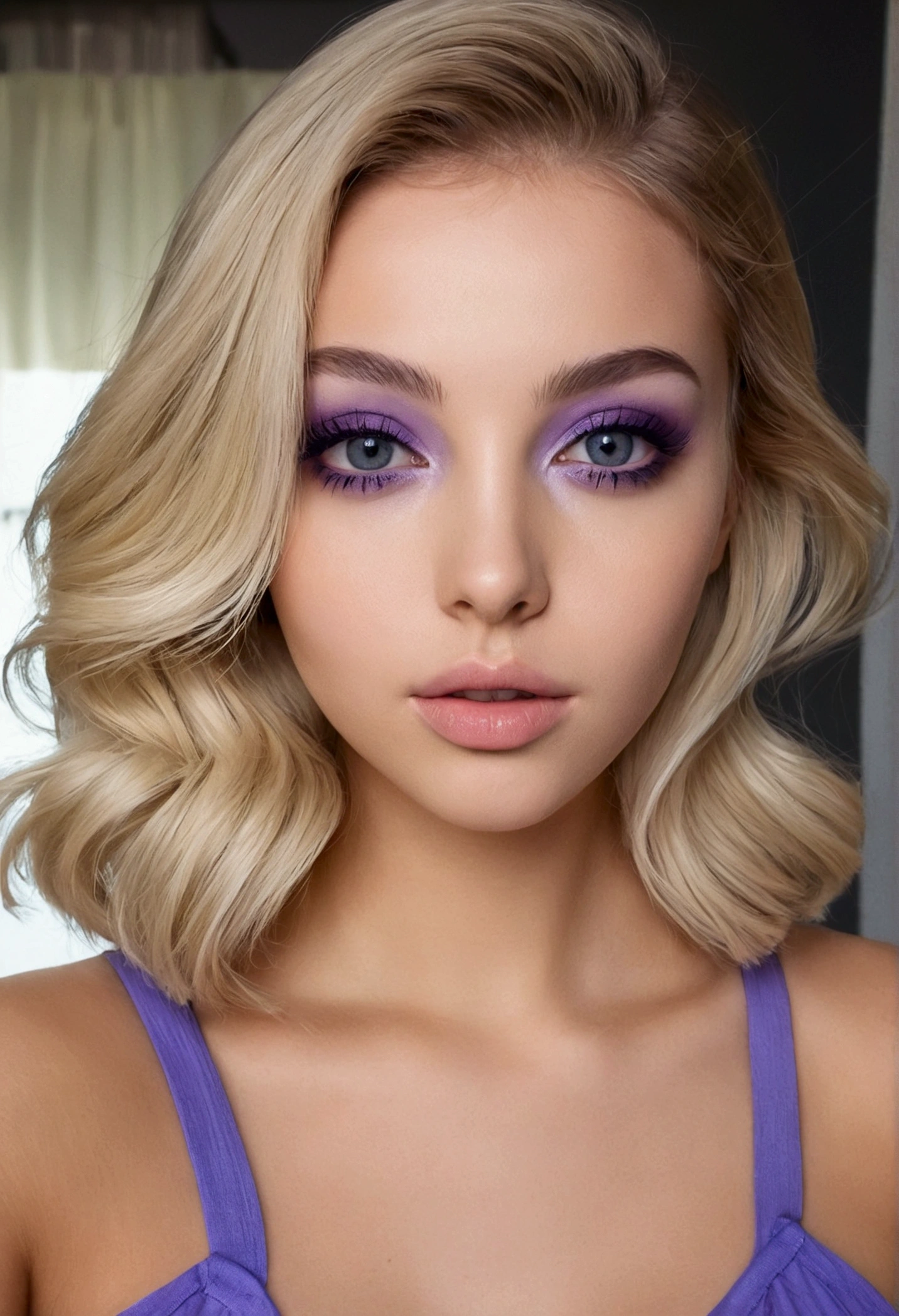 NSFW, Femme avec débardeur et culotte assortis, fille sexy aux yeux bleus, portrait sophie mudd, portrait corinna kopf, cheveux blonds et grands yeux, Selfie d'une jeune femme, Les yeux dans le club Violet Myers, sans maquillage, maquillage naturel, Regarder directement dans la caméra, Visage avec Artgram, maquillage subtil, superbe photo de tout le corps, dans le salon, clivage, Pleine longueur