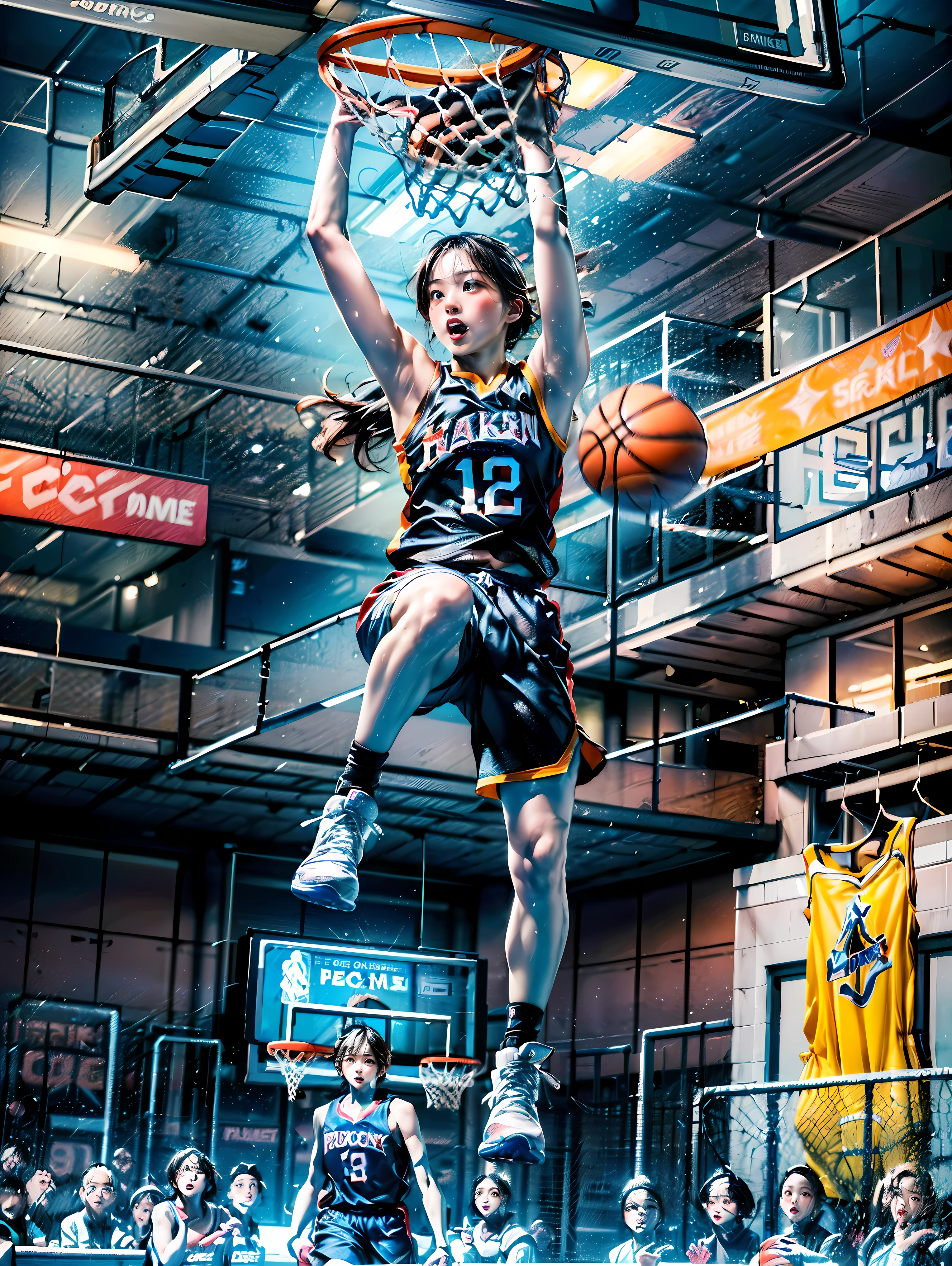 (Best quality, soft color photograph, colorful, sharp focus), (full body, wide angle shot), (1 cute Japanese girl), ((game winning dunk), ((slam dunk):1.2), ((basketball athlete):1.1), (vertical jump), Jackson Pollock action photograph, kinetic expression, colorful hair, (Art Minimalism:1.1), basketball stadium background, style photograph magic
