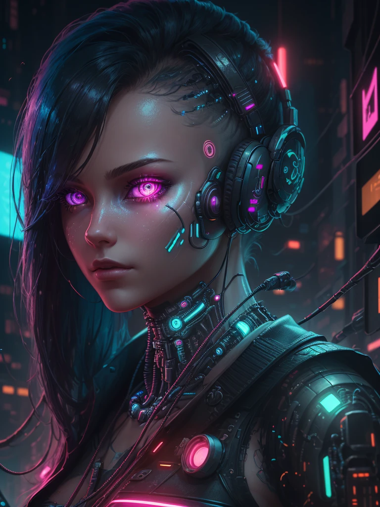 "(((A cyberpunk image of a pretty girl with cybernetic implants, with burgundy and baby blue tones, highly detailed, realistic and cinematic. The image must depict reflections in the character's eyes and luminous parts on the cybernetic parts of the body. They must also cables coming out of the body may be visible)))" - Image Type: Digital Illustration - Subject Description: A cyberpunk style digital illustration depicting a pretty girl with cybernetic implants. The image is highly detailed, realistic and has a cinematic atmosphere. The predominant tones are wine and baby blue. The illustration should emphasize reflections in the character's eyes and luminous parts in the cybernetic areas of the body. The presence of cables coming out of the body should also be visible. - Art Styles: Cyberpunk, Realism, Cinematic - Dominant Colors: Burgundy, Baby Blue - Subject Details: Girl with cybernetic implants, reflections in eyes, luminous parts on body, cables coming out of body - Rendering Techniques: Detailed Digital Illustration