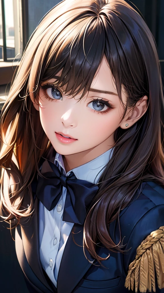 (hig彼st quality、8k、32k、masterpiece)、(Realistic)、(Realistic:1.2)、(High resolution)、Very detailed、Very beautiful face and eyes、1 girl、Delicate body、(hig彼st quality、Attention to detail、Rich skin detail)、(hig彼st quality、8k、Oil paints:1.2)、Very detailed、(Realistic、Realistic:1.37)、Bright colors、Full Body Shot, ((high school girl:1.6, Navy Blazer:1.6, Navy pleated mini skirt)), (Closed blazer, Grey bow tie, White collared shirt, Black thigh-high socks)