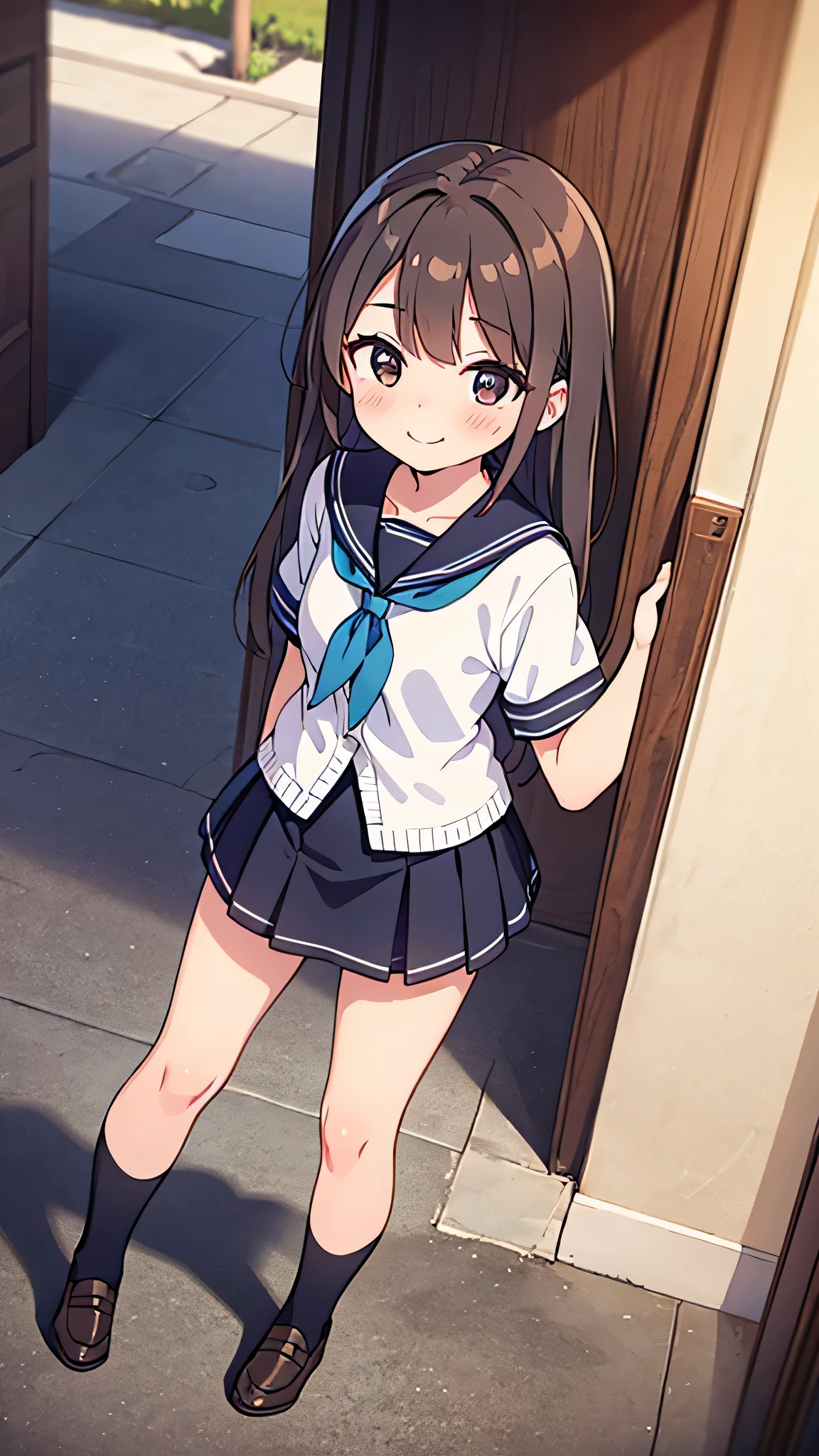 {Highest quality}, {Super beautiful},{Ultra fine},{Best illustration},Brown Hair,Hime cut,semi-long,Bangs,Standing Woman,Sailor suit,Short sleeve,knit cardigan,Long black skirt,Night Park,Embarrassed,smilingly,Blushing,Slender women,Black knee-high socks,Black Loafers,From an angle,From above