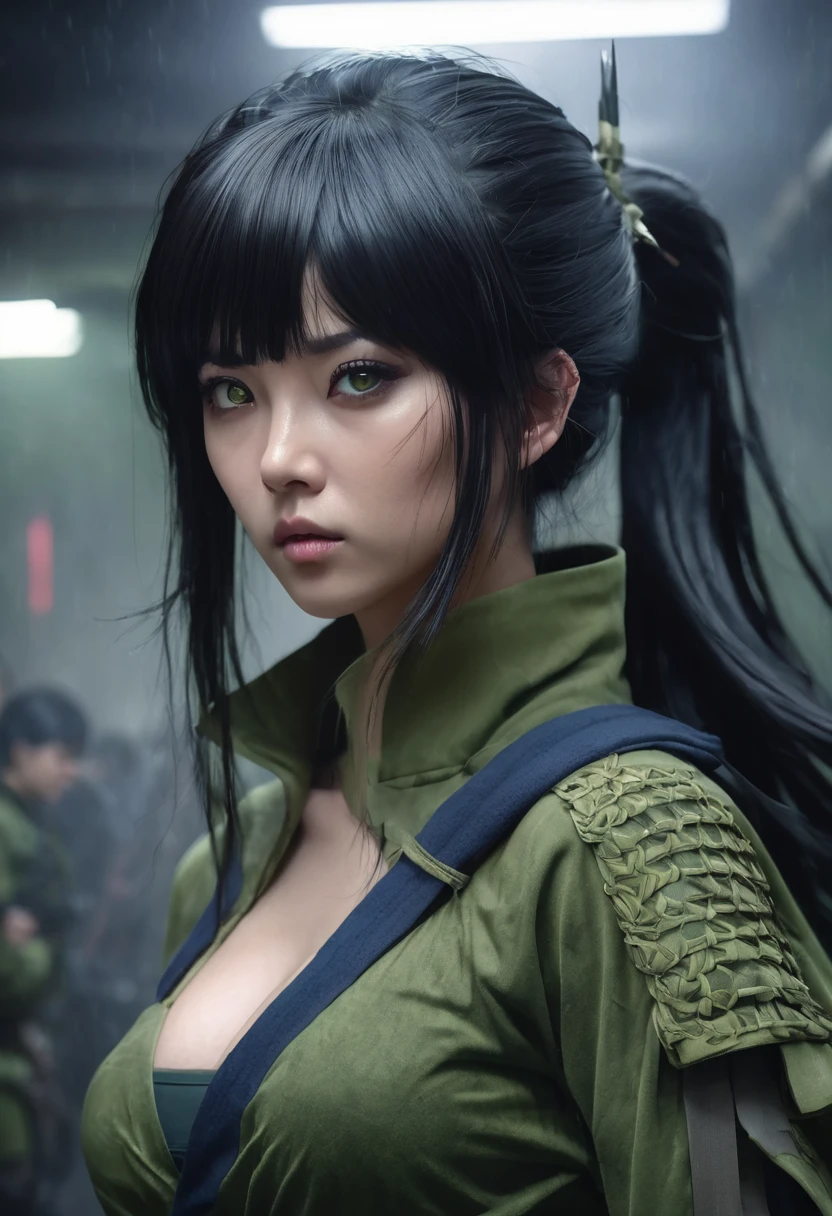 1 woman, inside a manual weapons room, wearing a moss green ninja outfit, detailed facial features, gray and feminine eyes, detailed white skin, long and straight blue-black hair with bangs, dramatic lighting, expression of shame on her face, cinematic composition, cold and dark color palette, atmospheric fog, big breasts, strong body, thin chin, (best quality, 4K, 8K, high resolution, art: 1.2), ultra-detailed, (realistic, photorealistic, photorealistic: 1 ,37)
