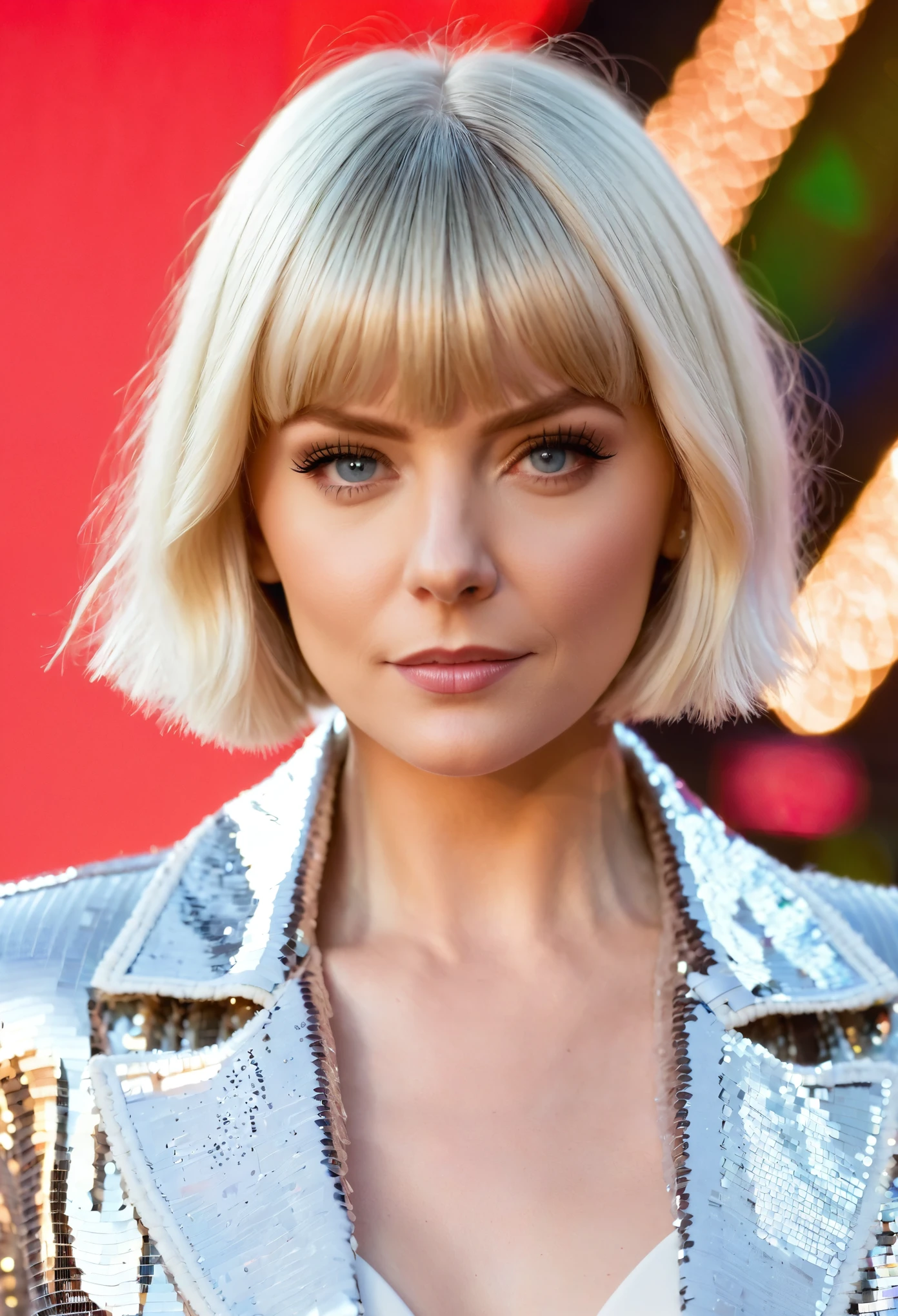 Close-up of a woman in a sequined jacket, Aurora Acnes, Center-parted fringe, Nicole DeBoer, short blonde hair With bangs, with short hair With bangs, Irina Nordsol-Kuzmina, Tia Masic, Chrome Bob Haircut, With bangs, Nina Masik, white fringe hair, Bobcut, with fringes