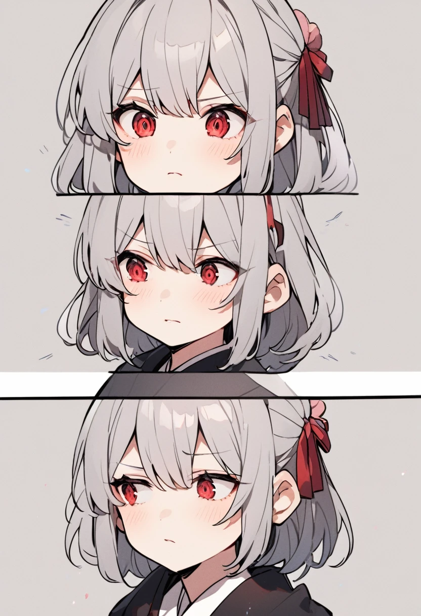 Japanese girl　half-closed red eyes　Gray Hair　Black Dress　Confused eyes