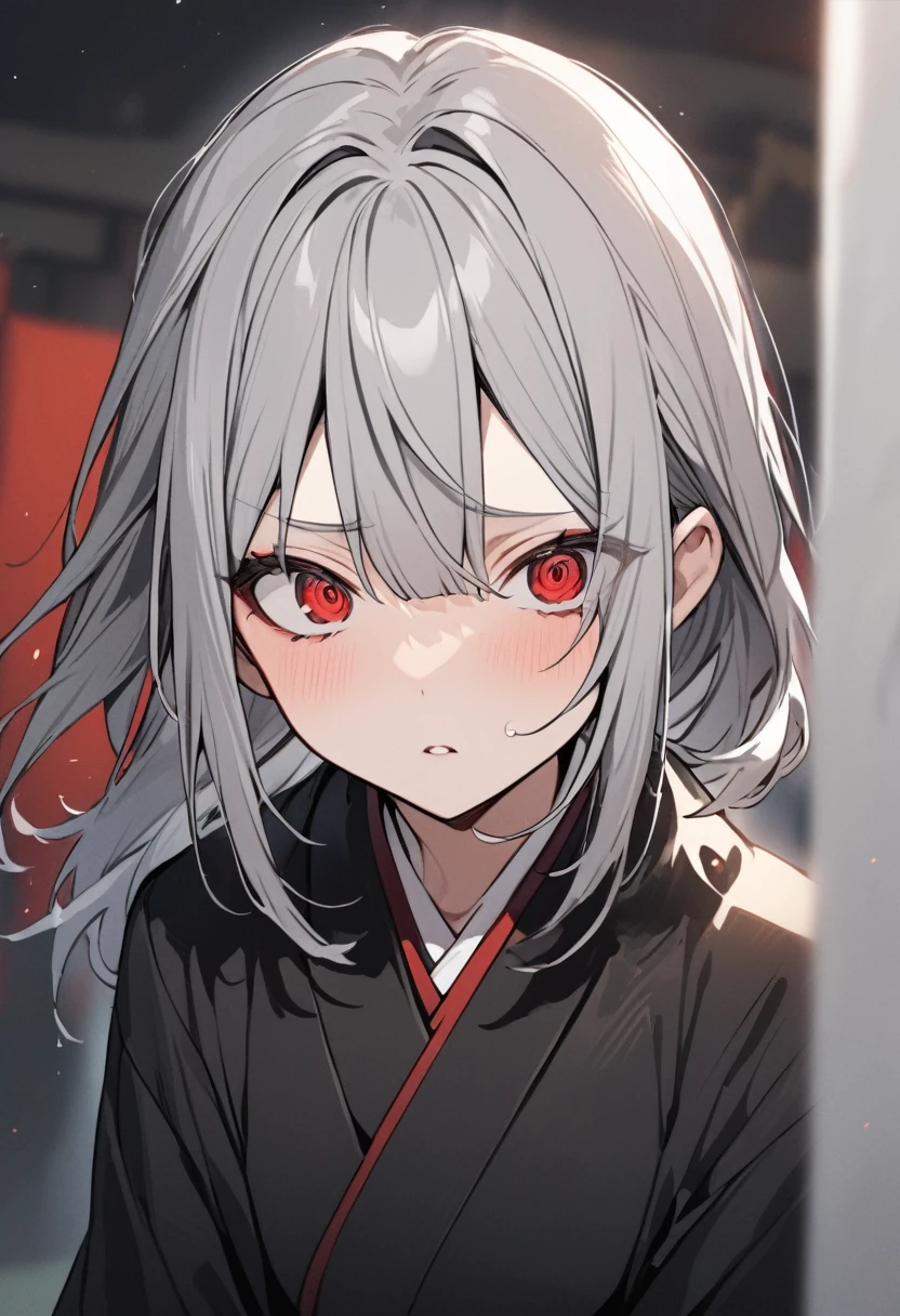 Japanese girl half-closed red eyes Gray Hair Black Dress Confused eyes