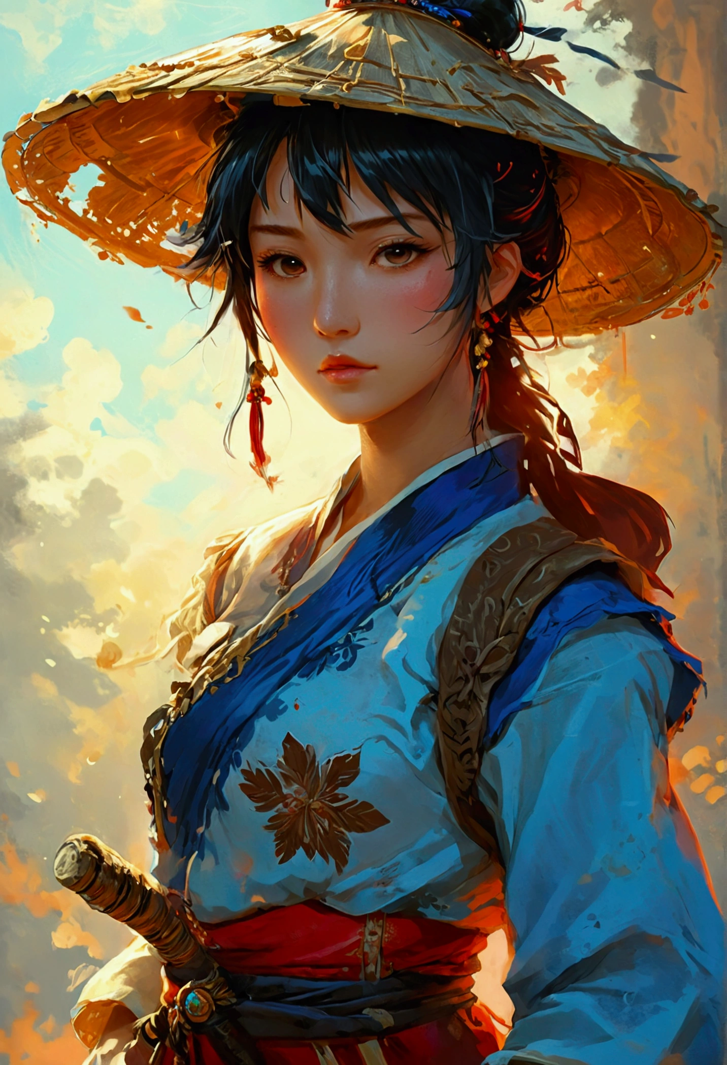 A character in the art style of the anime called "the apothecary diaries" with mao mao. She is a fighter, but wears traditional clothes (2d)