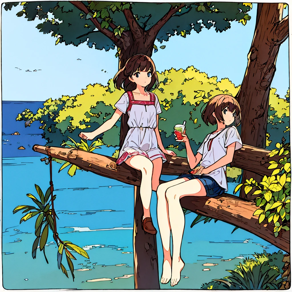 Plain background Girl sitting on a tree Summer Nostalgic