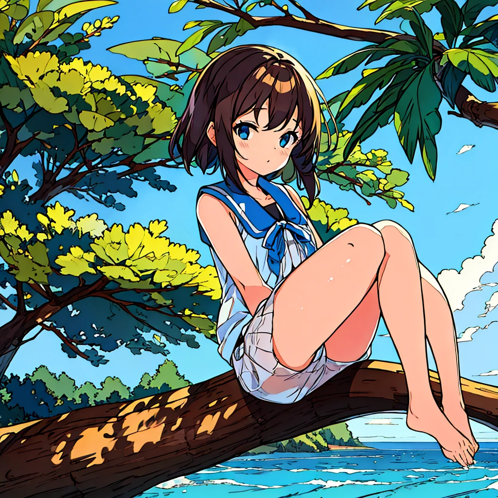 Plain background Girl sitting on a tree Summer Nostalgic