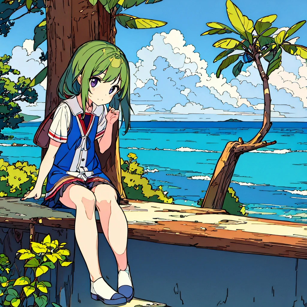Plain background Girl sitting on a tree Summer Nostalgic