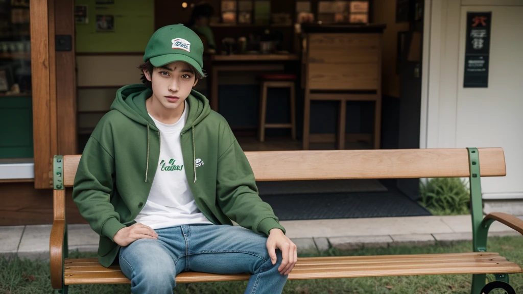 brown haired boy sitting on a bench, Has red eyes, jeans and green hoodie, He is wearing a green cap and is in the style of Japanese cartoon animation.