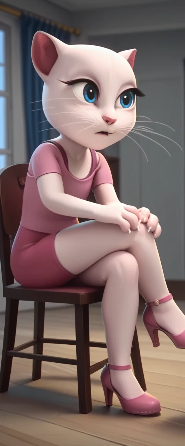1 girl, cat, white fur, long whiskers on both sides of the face, large bright blue eyes, large black eyelashes, small pink nose, triangular ears with pink channels. She has high-heeled shoes, side view, her legs are on the man's chair, she opens her legs, the woman's legs are bent, she is sitting on the man's lap, she is having sex, it is displayed above. crossed legs