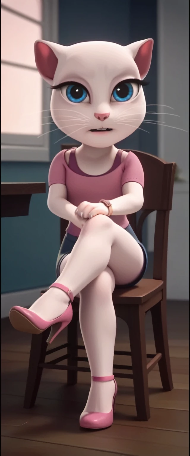 1 girl, cat, white fur, long whiskers on both sides of the face, large bright blue eyes, large black eyelashes, small pink nose, triangular ears with pink channels.      She has high-heeled shoes, side view, her legs are on the man's chair, she opens her legs, the woman's legs are bent, she is sitting on the man's lap, she is having sex, it is displayed above.  crossed legs
