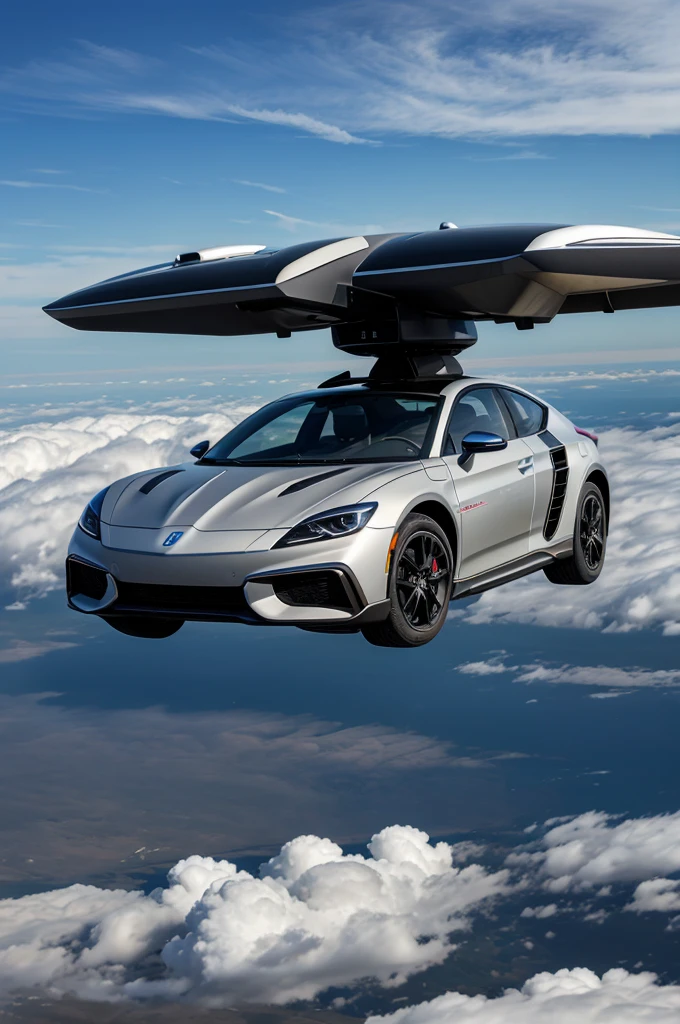 A high technology car who is flying beyond the clouds
