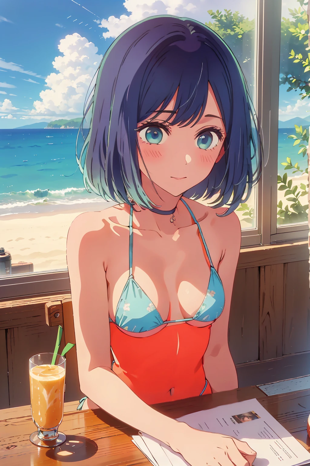 (Highest quality:1.4、masterpiece:1.4、Super detailed:1.4、8k:1.4)、((((1 person、Surprised expression、sit、Indoor cafe terrace、coastal、juice、table、Sandy Beach、juiceのグラスを持つ、Micro Bikini、Very soft 、Big eyes、Very cute face))))、(Flat lighting:1.4)、F cup bust、Medium breast、Underboob