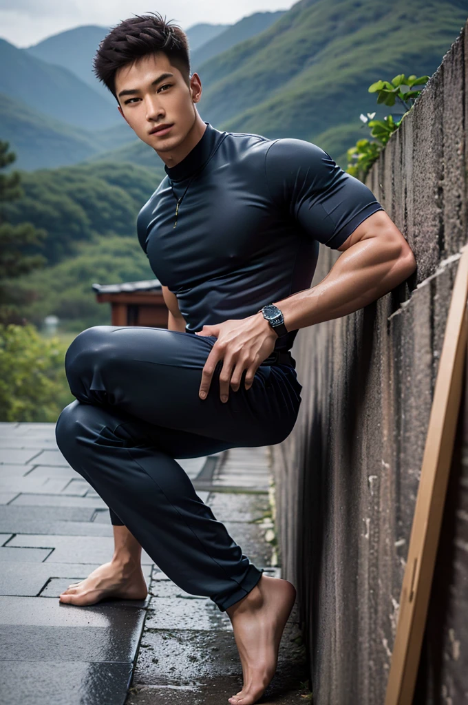 Ninja,Man,handsome,asian,16-20 years young,ninja net suit ,perfect face,abs,open chest dress,sit on the roof,kunai,ancient japanese city background,night time,stars,NSFW(best quality,4k,8k,highres,masterpiece:1.2),ultra-detailed,(realistic,photorealistic,photo-realistic:1.37),HDR,UHD,studio lighting,extreme detail description,professional,vivid colors,portraits