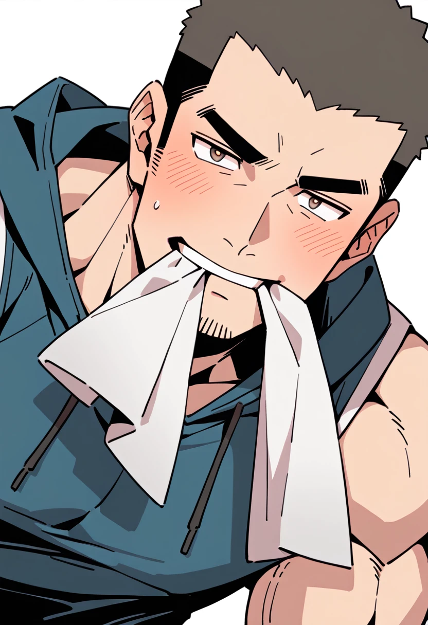 anime characters：Priapus, Muscle Sports Student, Buzz Cut, Manliness, male focus, Sports tight hooded sweatshirt, Very tight, full and perky chest muscles, muscular male, muscular, only, Upper body, alone, Black short hair, Thick eyebrows, stubble, Brown-red pupils, White background, simple background, amazing quality, best aesthetics, Ridiculous, crew cut, blush, mouth hold, Mouth biting a white towel, embarrassed, shy, endured face, negative space, best quality