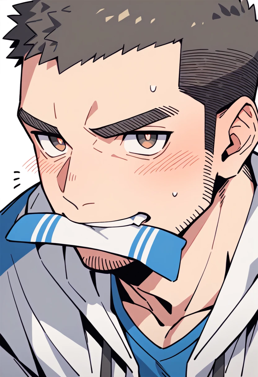 anime characters:Priapus, Muscle Sports Student, Buzz Cut, Manliness, male focus, Sports tight hooded sweatshirt, Very tight, full and perky chest muscles, muscular male, muscular, only, Upper body, alone, Black short hair, Thick eyebrows, stubble, Brown-red pupils, White background, simple background, amazing quality, best aesthetics, Ridiculous, crew cut, blush, mouth hold, Mouth biting a white towel, embarrassed, shy, endured face, negative space, best quality