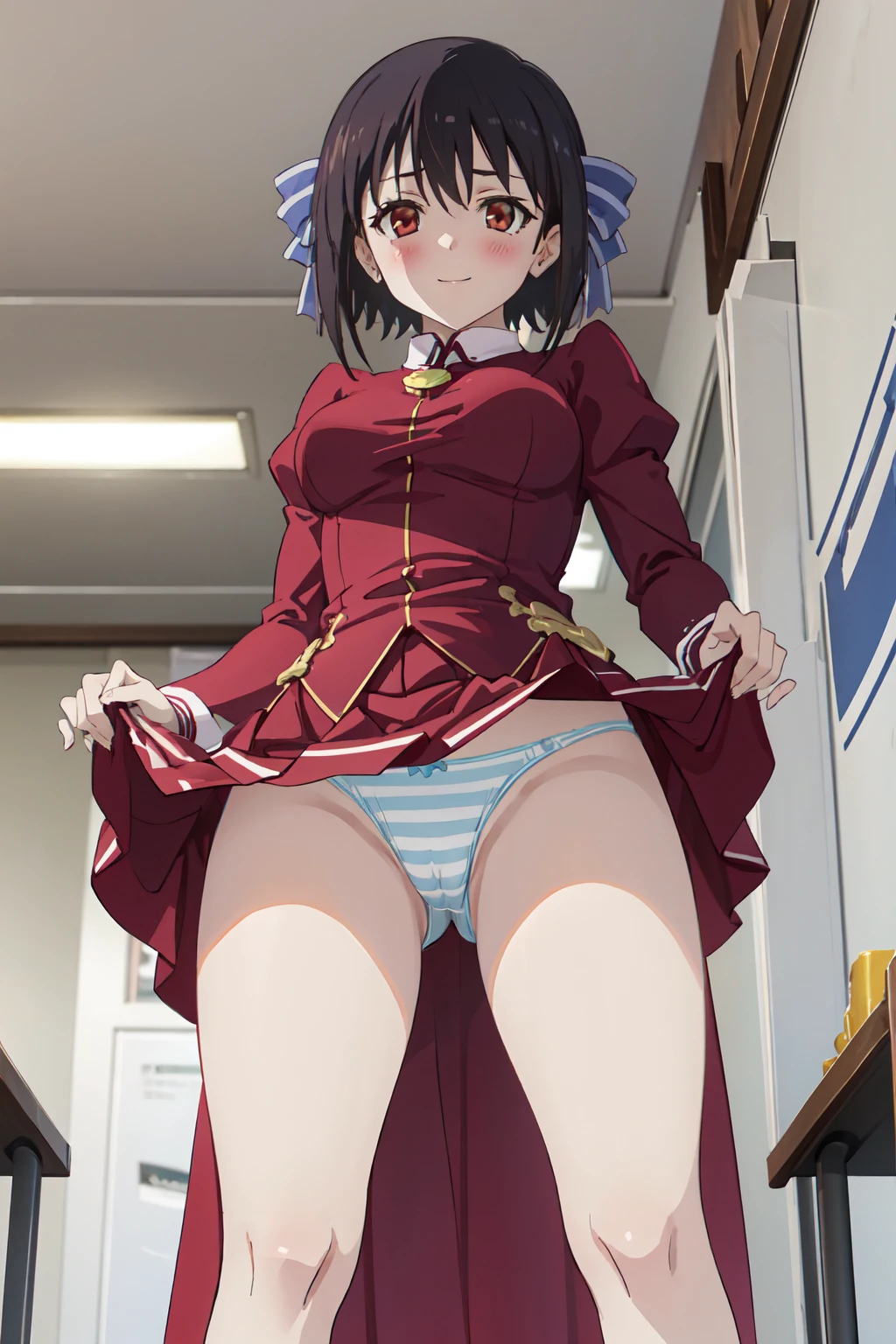 [[anime styled]],[[digitalart]],masterpiece,best quality,high resolution,Tomomi_Xijing,black hair,Short hair,Hair Ribbon,red eyes,midium build,(red ,winter clothes,long sleeves,long skirt),NSFW,1girl in,独奏,((standing)),(Portrait),pussy focus,from below,(short torso),Perfect Lighting,(skirt lift,up skirt),show off panites,((lite blue striped panties)),smile,blush,(underwear:1.2), (strong light),((brighten the subject)),spread legs, break background classroom,