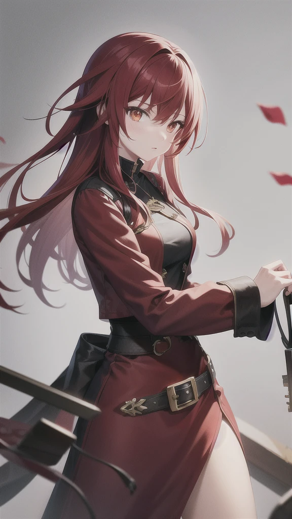 red hair, cool black jacket, white inner dress, deep orange eyes, mature and older look, animemanga girl, detailed key animation art, fully covered, red and black greatsword