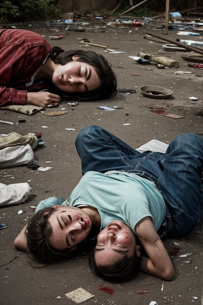 ---
A 19-year-old boy lies motionless on the ground, his body covered in injuries, wounds, and blood. The surrounding area appears slightly destroyed, indicating recent chaos or violence. Beside him, an 18-year-old girl sits on the ground, crying uncontrollably. She hugs the boy tightly, her face a mix of grief and despair. The scene is filled with a sense of loss and tragedy.
---