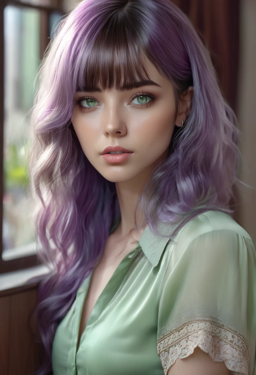 1 woman, inside a room decorated in neutral colors, wearing a modern blouse, detailed facial features, detailed feminine purple eyes, detailed brown skin, long mint green hair with bangs, soft lighting, soft expression on the face, cold cinematic composition, brunette atmosphere, serious face, beautiful, delicate chin, beautiful woman, 25 years old (best quality, 4K, 8K, high resolution, art: 1.2), ultra-detailed, (realistic, photorealistic, photorealistic: 1.37)