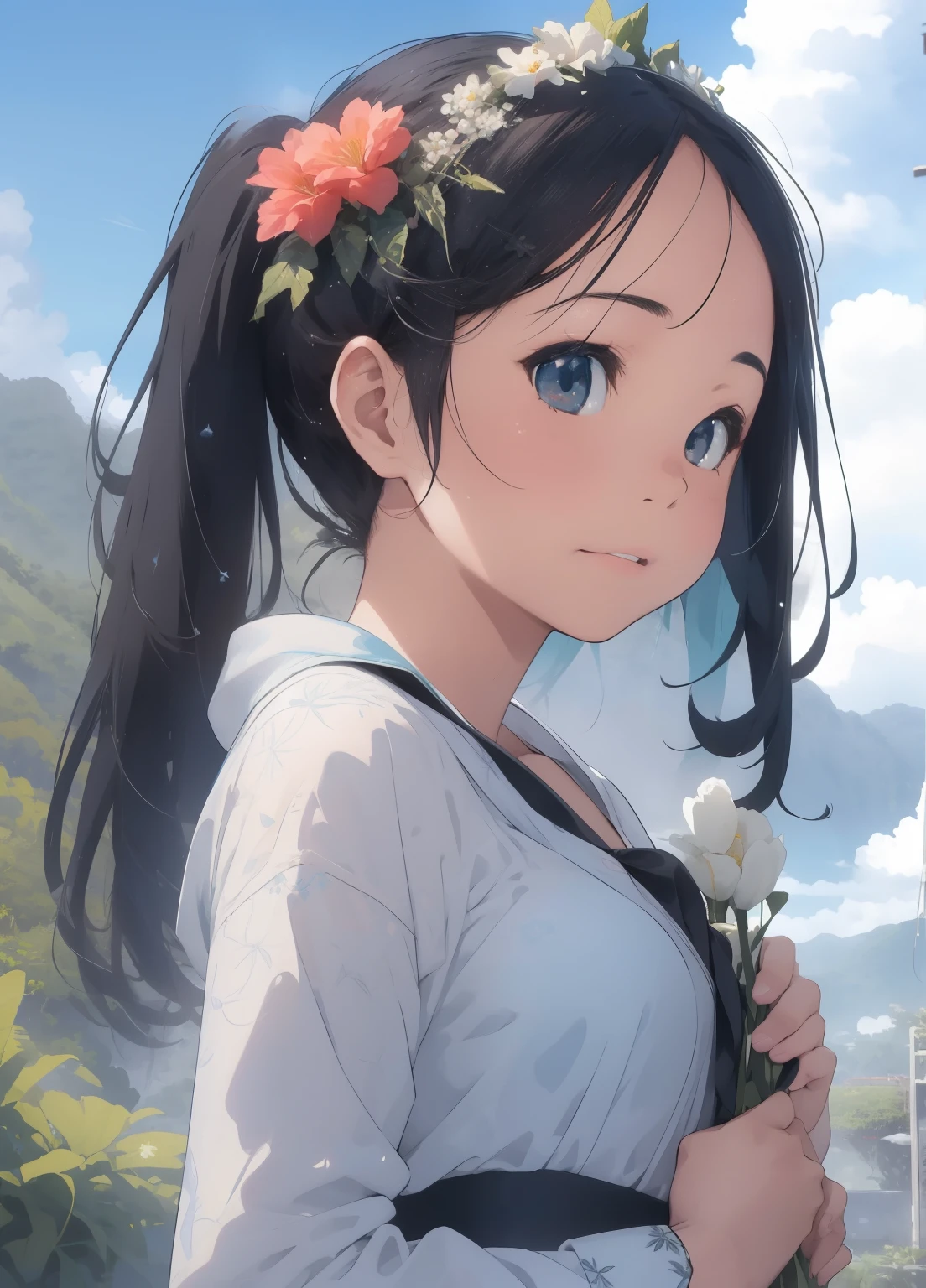 (masterpiece、Highest quality、Highest quality、Official Art、Beautiful and beautiful:1.2)、(One girl:1.3)Hatsune Miku、Twin tails,Beautiful breasts,masterpiece、Ultra-detailed、Intricate details、Realistic texture、Concave and Convex of the Human Body、Realistic details、Highest quality、Surrealist works、Women are detailed and realistic、The cutting edge of graphic art、On Kauai there are women who perform traditional dances.。She wears a floral garland and a robe of grass.、He has a bouquet in his hand。Her face looked bright and happy..、The dance movements are graceful and beautiful.。She dances as if celebrating the nature and culture of Kauai.。 Graphic art background、You can see Mount Waialeale。The summit is covered in thick clouds.、There is a mysterious atmosphere。The mountainside features lush vegetation and waterfalls.。Pure、There is a rainbow in the sky.、Other names for Kauai「Garden Island」It represents the abundance of nature。